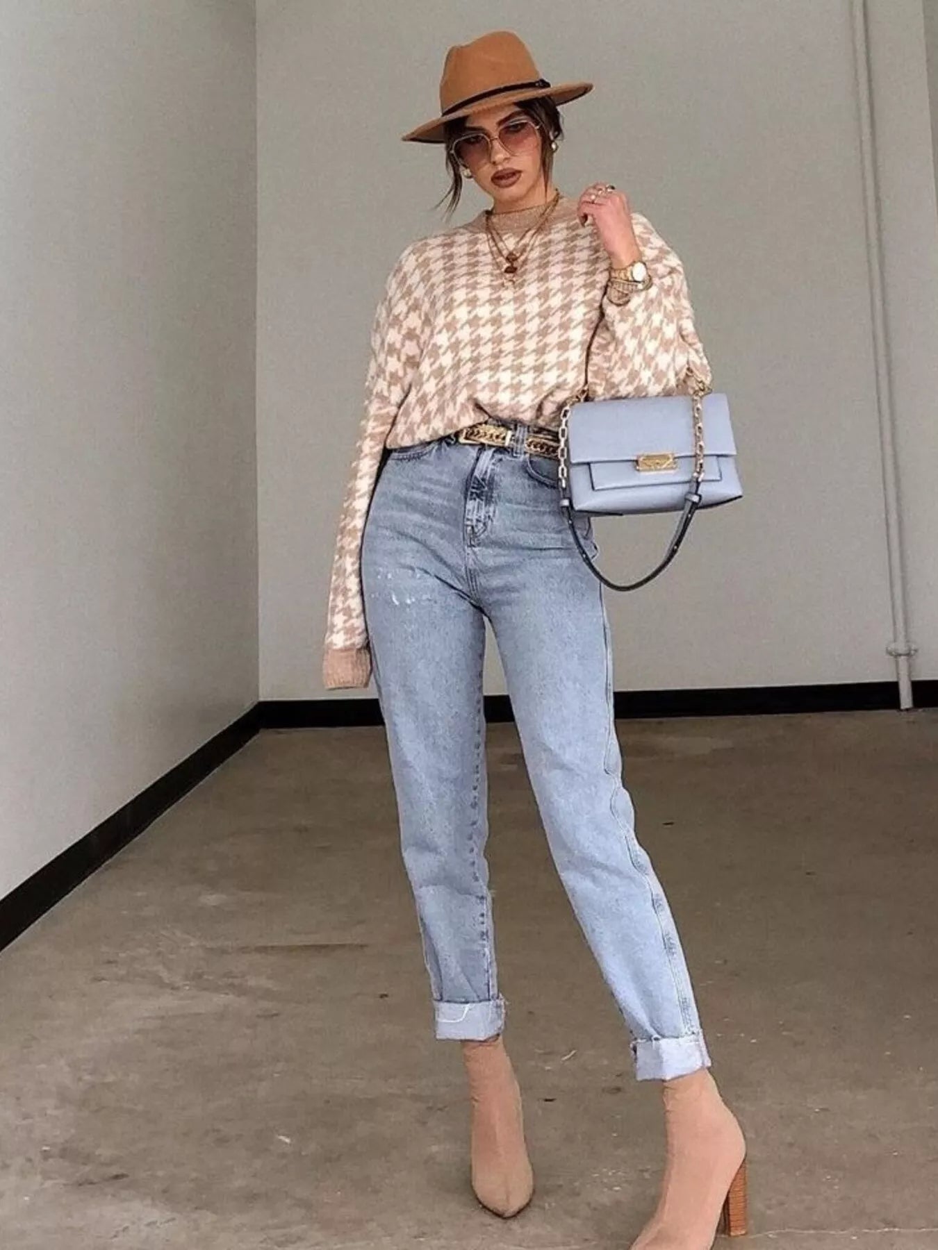 Full Size Houndstooth Pattern Oversized Sweater Plus Size - Rochelle's House LLC