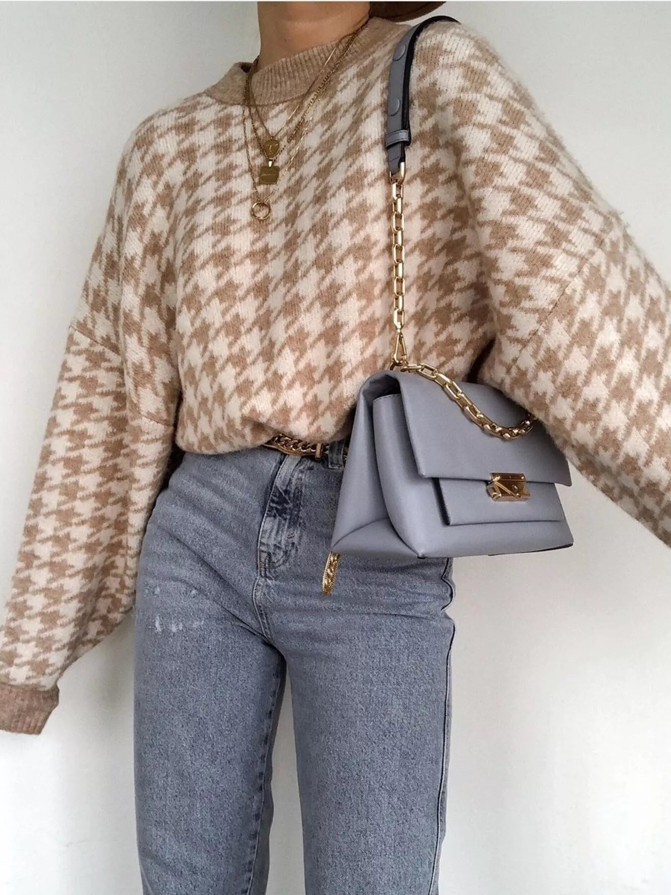 Full Size Houndstooth Pattern Oversized Sweater Plus Size - Rochelle's House LLC