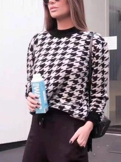 Full Size Houndstooth Pattern Oversized Sweater Plus Size - Rochelle's House LLC