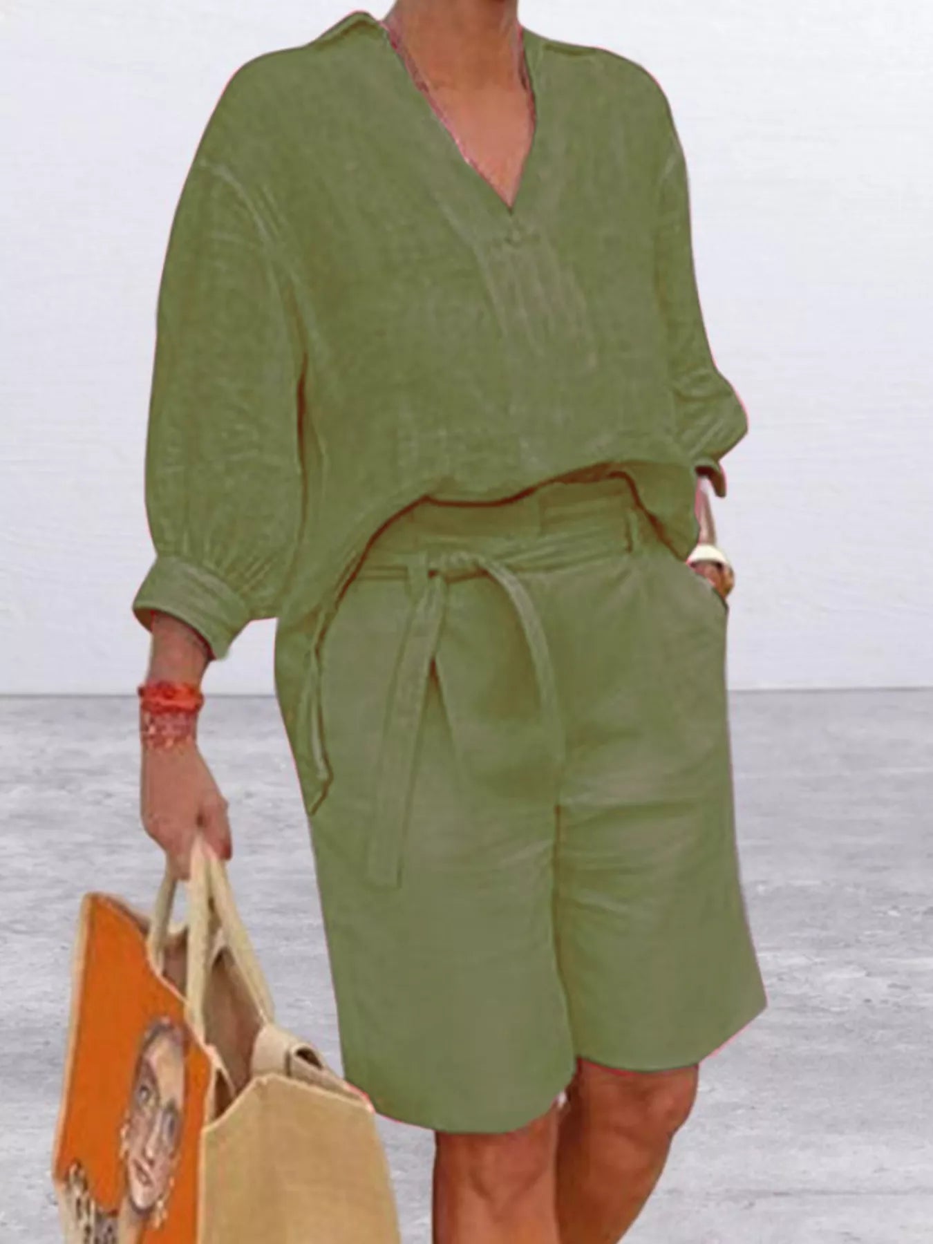 Full Size Johnny Collar 3/4 Sleeve Top and Shorts Set Plus Size - Rochelle's House LLC