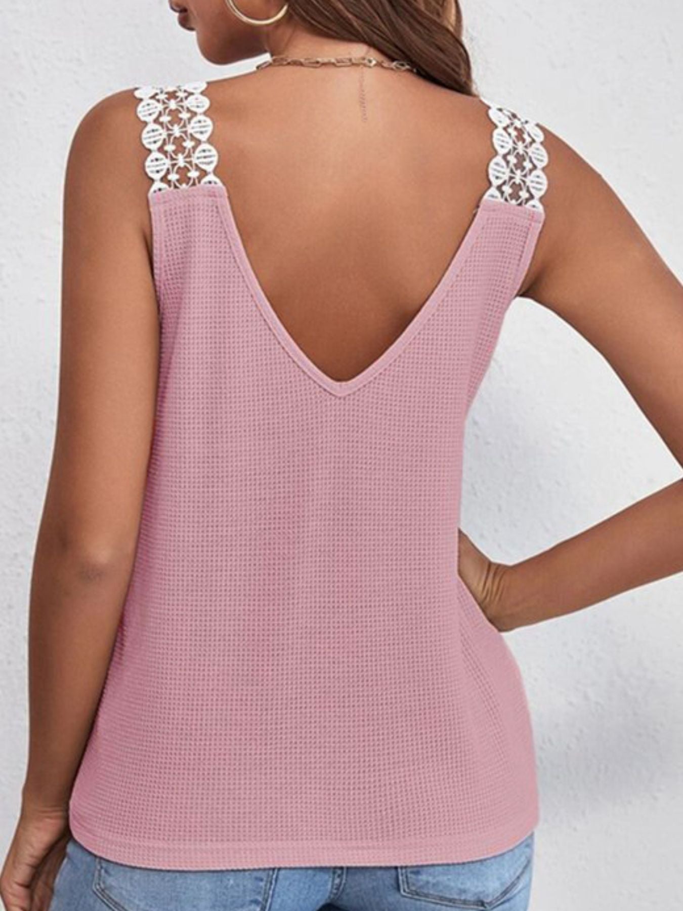 Full Size Lace Trim V - Neck Waffle Knit Tank Plus Size - Rochelle's House LLC