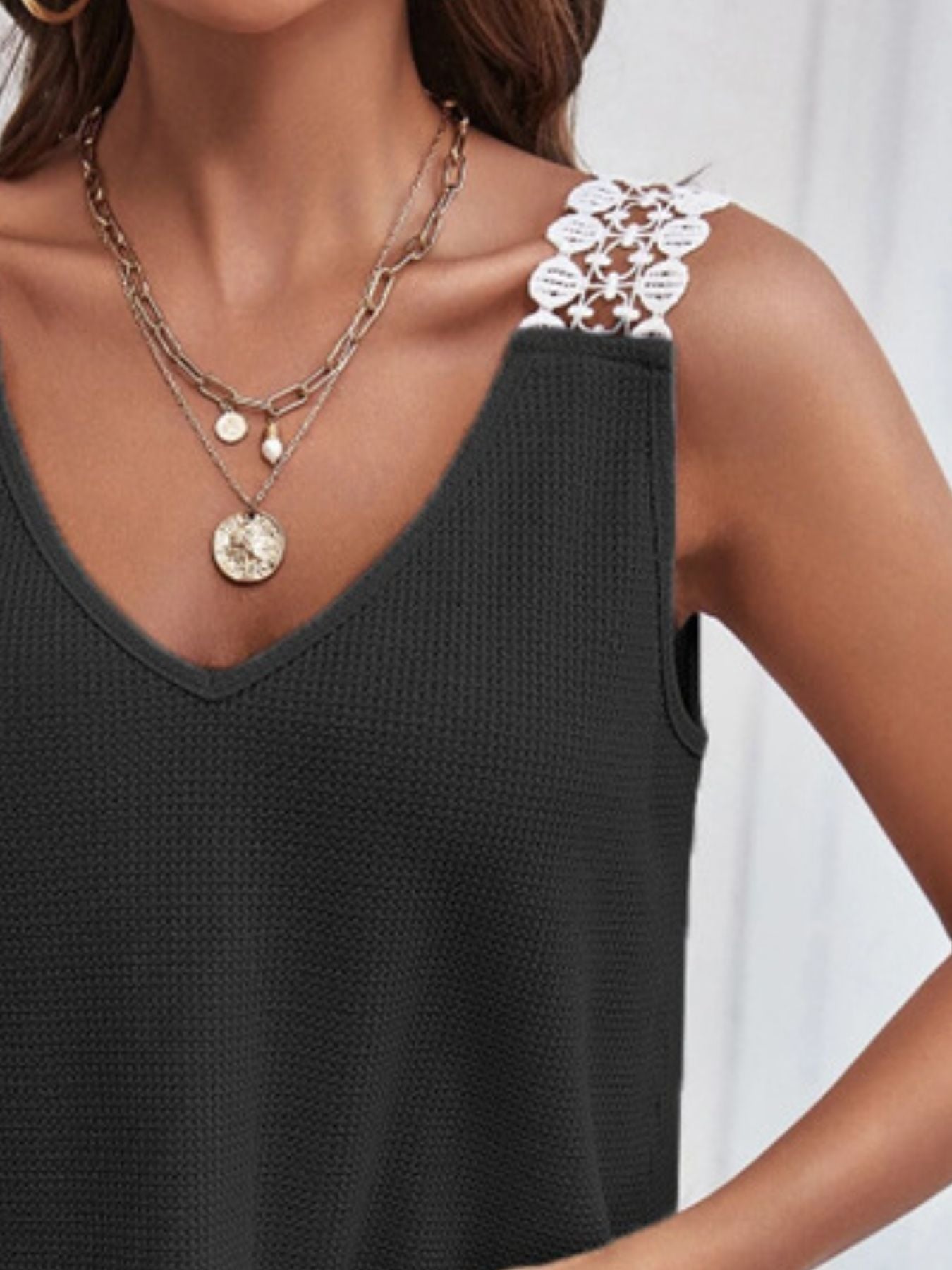 Full Size Lace Trim V - Neck Waffle Knit Tank Plus Size - Rochelle's House LLC