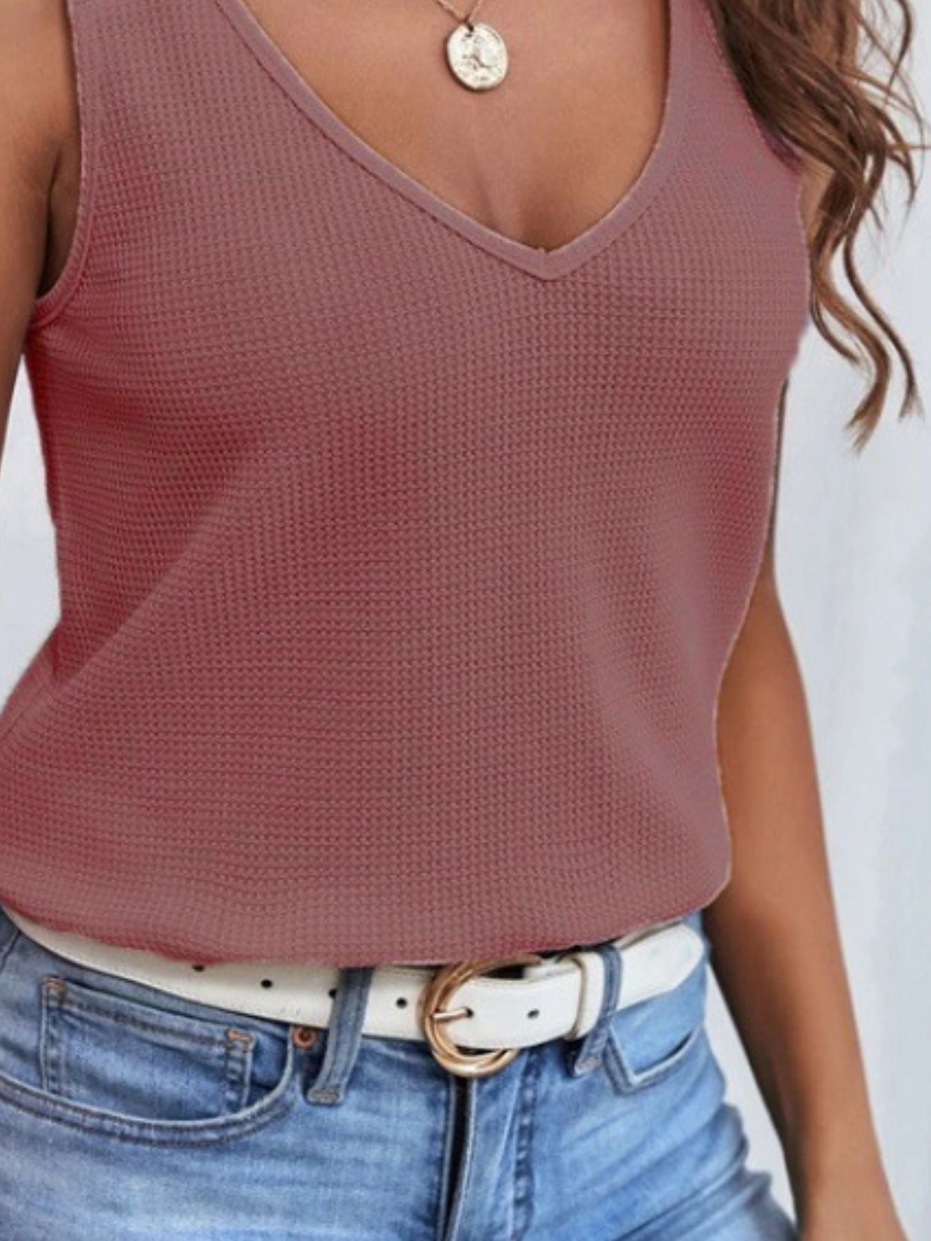 Full Size Lace Trim V - Neck Waffle Knit Tank Plus Size - Rochelle's House LLC