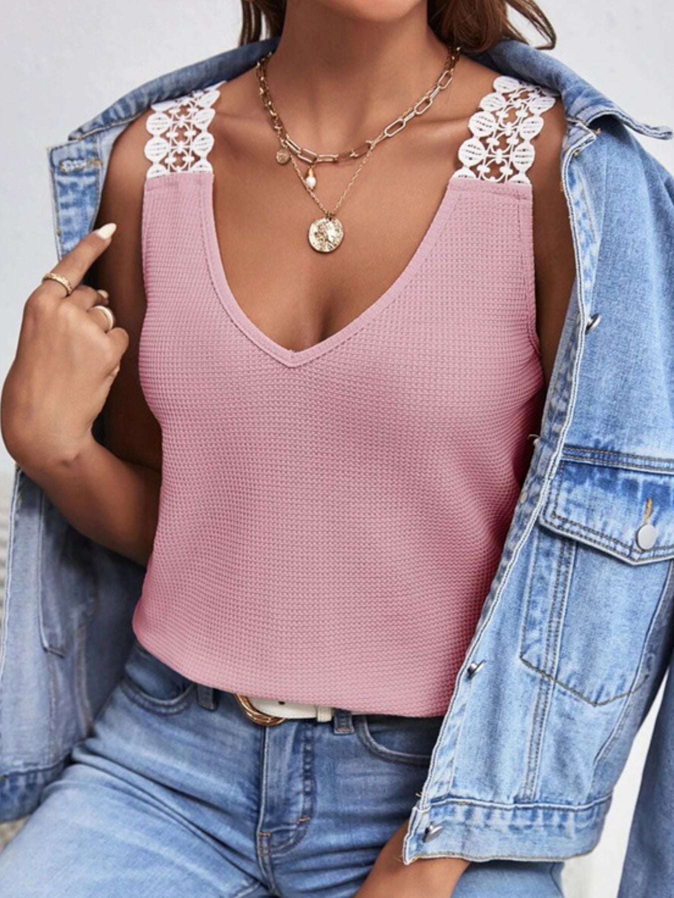 Full Size Lace Trim V - Neck Waffle Knit Tank Plus Size - Rochelle's House LLC