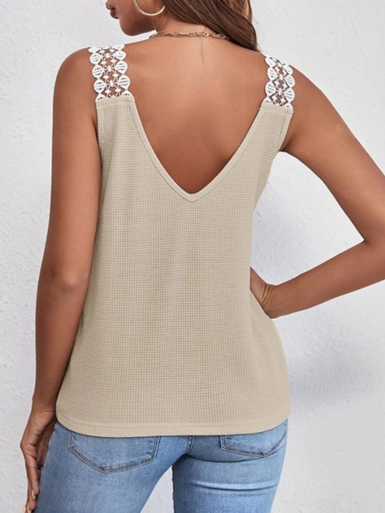 Full Size Lace Trim V - Neck Waffle Knit Tank Plus Size - Rochelle's House LLC