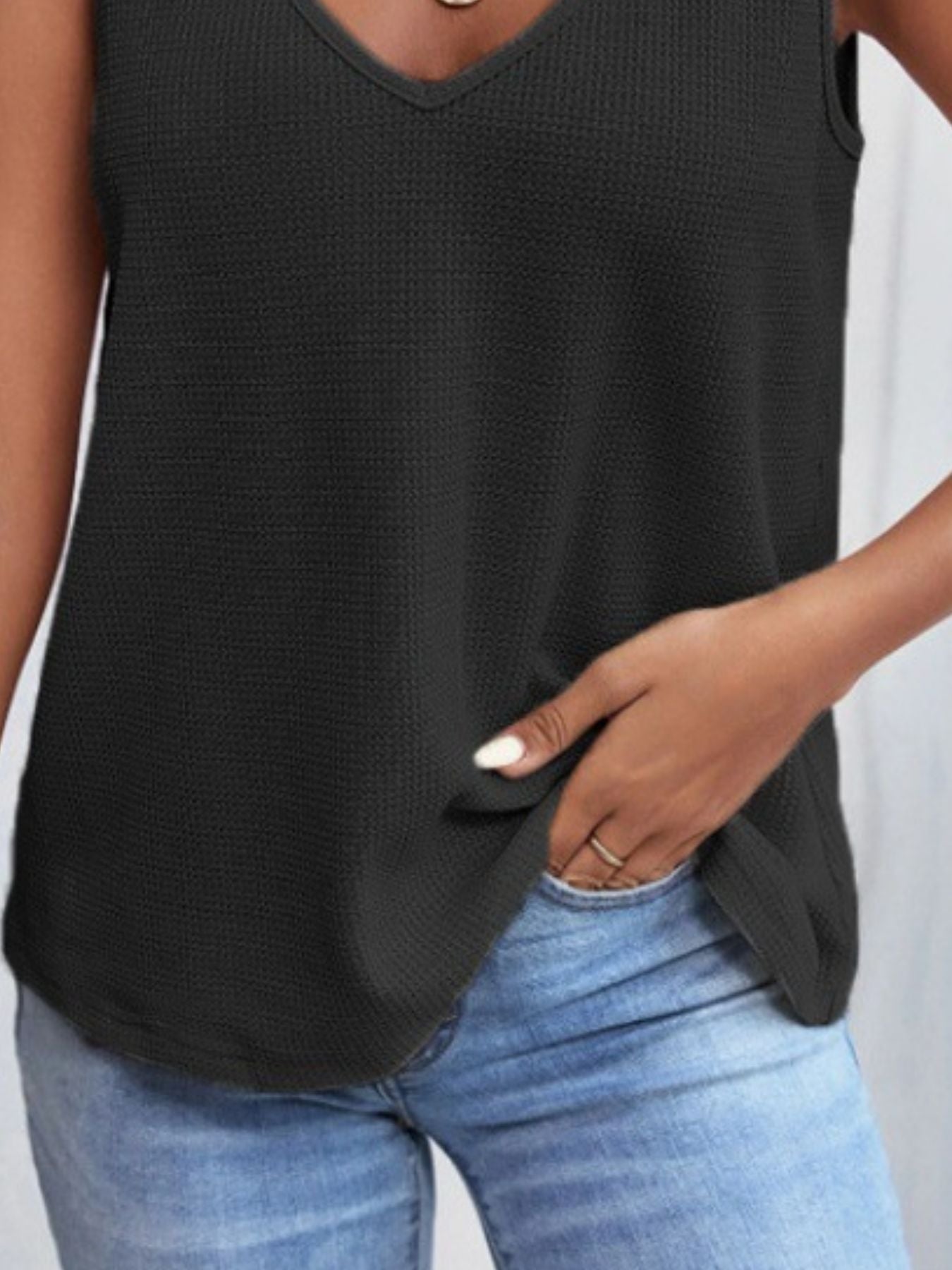 Full Size Lace Trim V - Neck Waffle Knit Tank Plus Size - Rochelle's House LLC