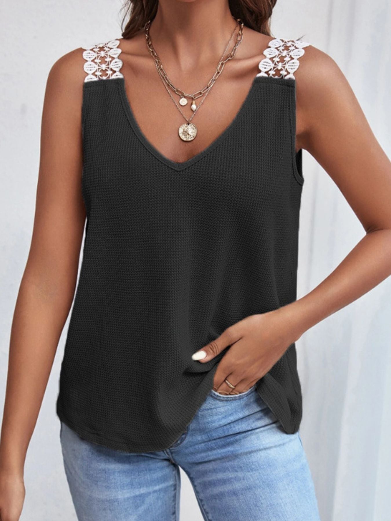 Full Size Lace Trim V - Neck Waffle Knit Tank Plus Size - Rochelle's House LLC