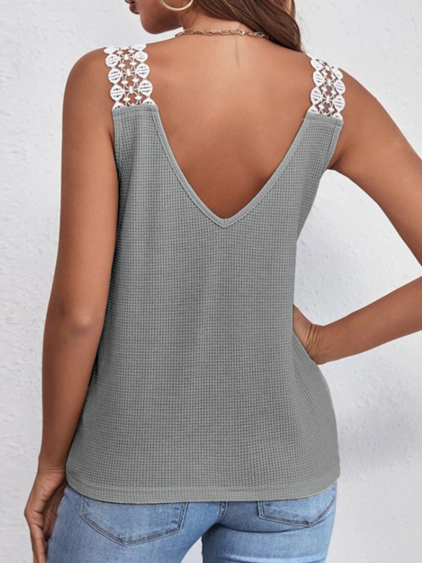 Full Size Lace Trim V - Neck Waffle Knit Tank Plus Size - Rochelle's House LLC