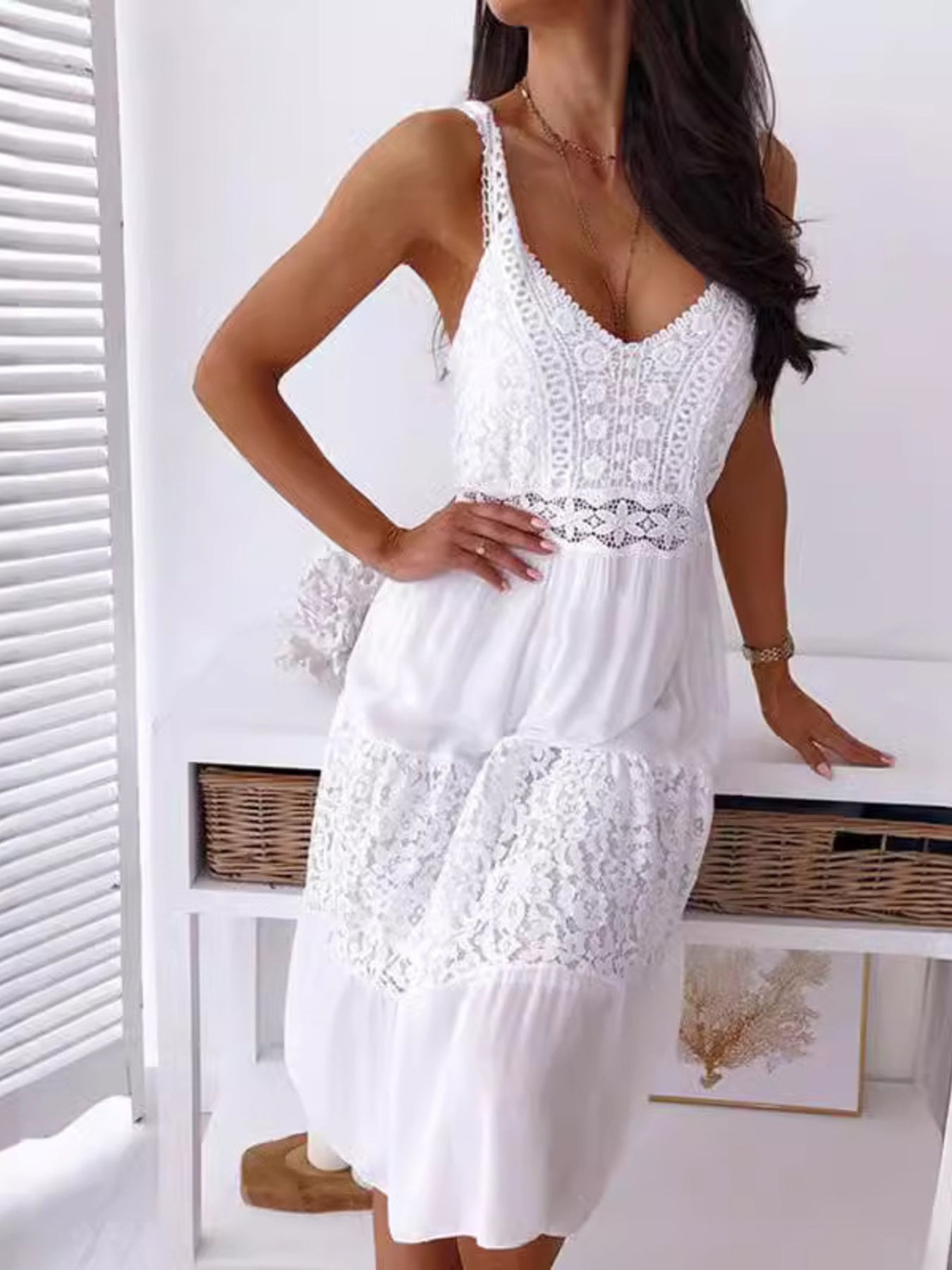 Full Size Lace Trimmed V - Neck Tiered Cami Dress Plus Size - Rochelle's House LLC