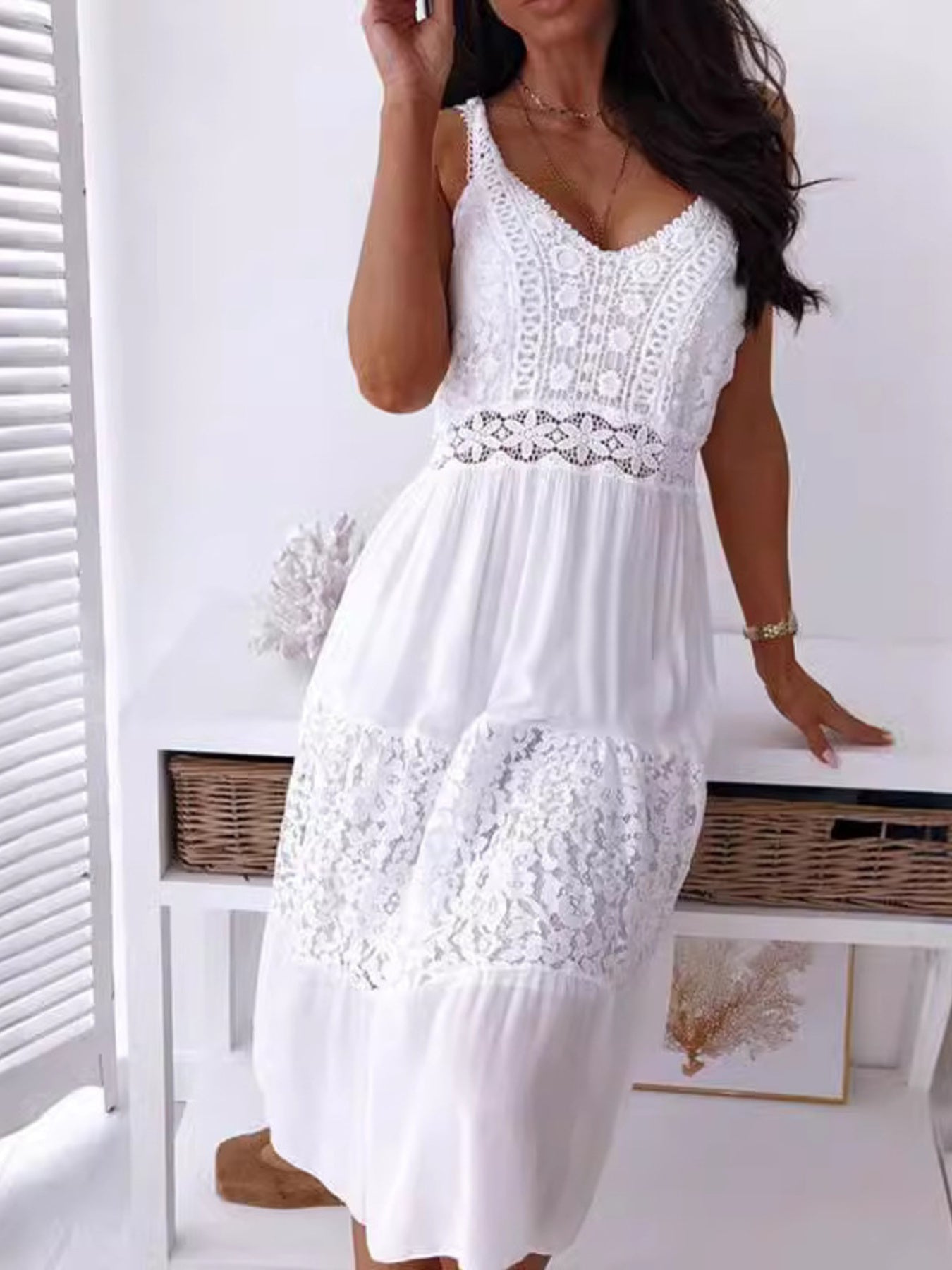 Full Size Lace Trimmed V - Neck Tiered Cami Dress Plus Size - Rochelle's House LLC