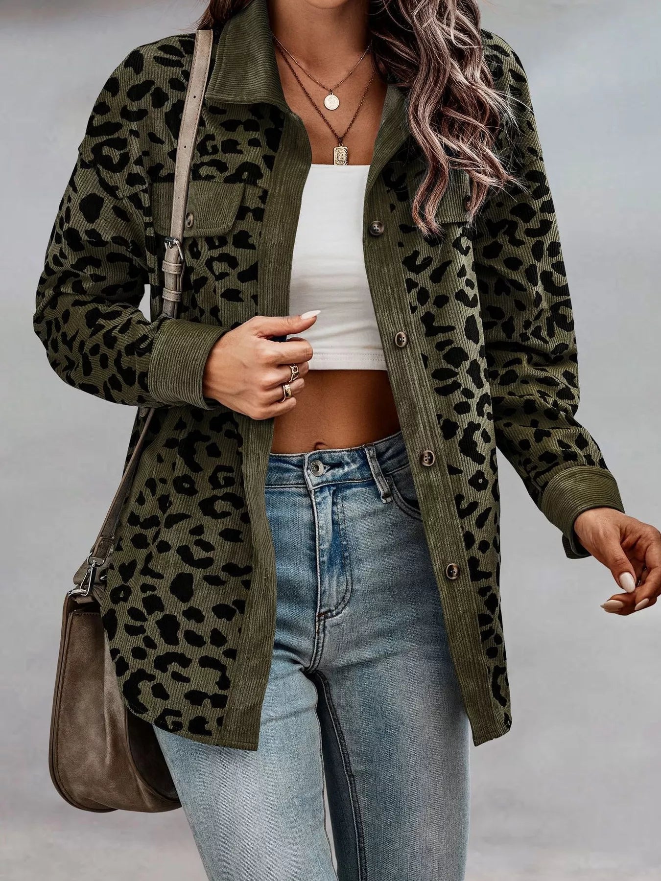 Full Size Leopard Print Button - Down Jacket Plus Size - Rochelle's House LLC