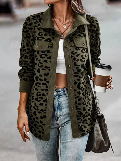 Full Size Leopard Print Button - Down Jacket Plus Size - Rochelle's House LLC