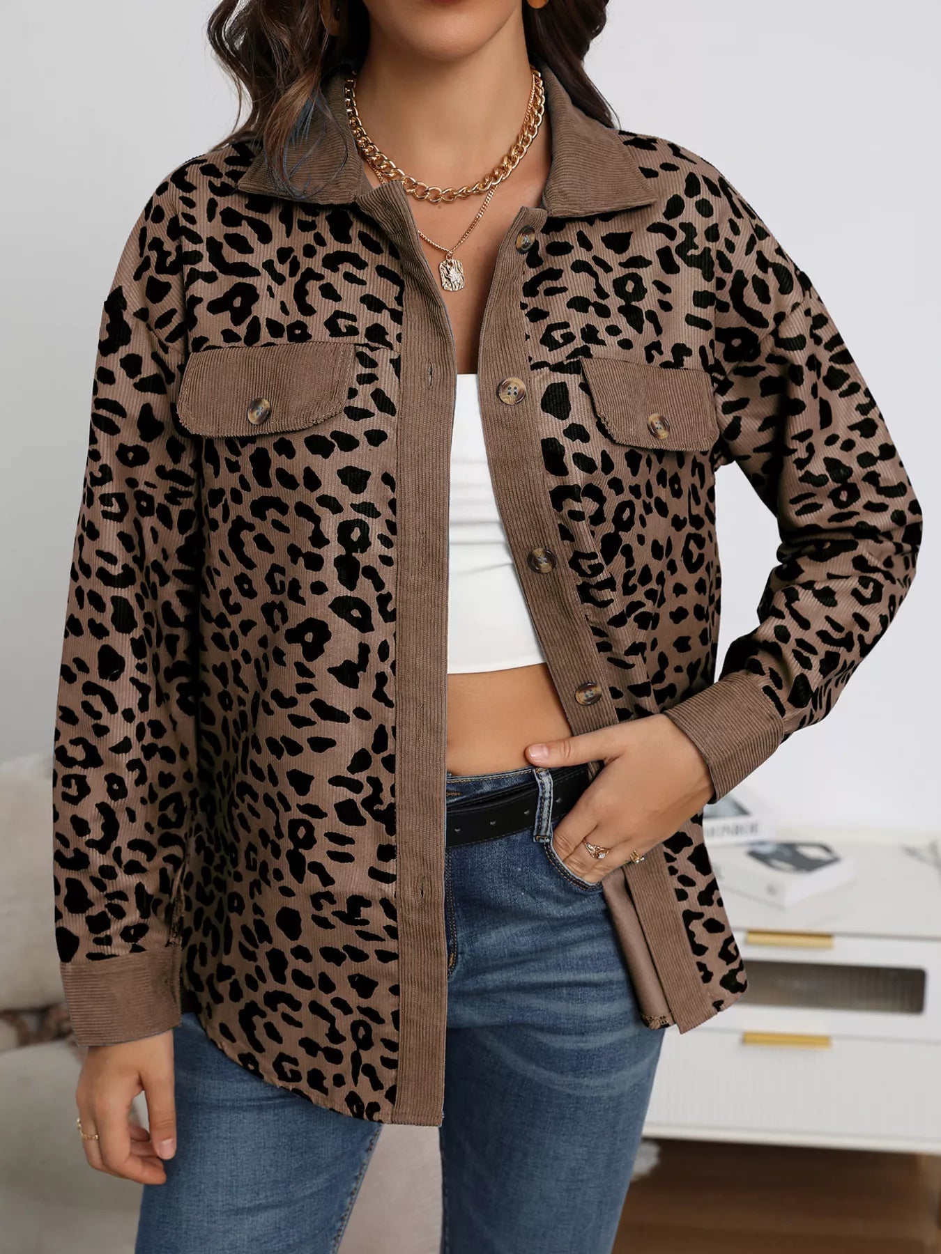 Full Size Leopard Print Button - Down Jacket Plus Size - Rochelle's House LLC