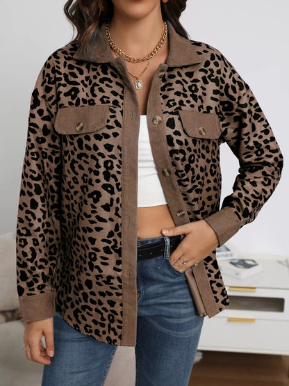 Full Size Leopard Print Button - Down Jacket Plus Size - Rochelle's House LLC