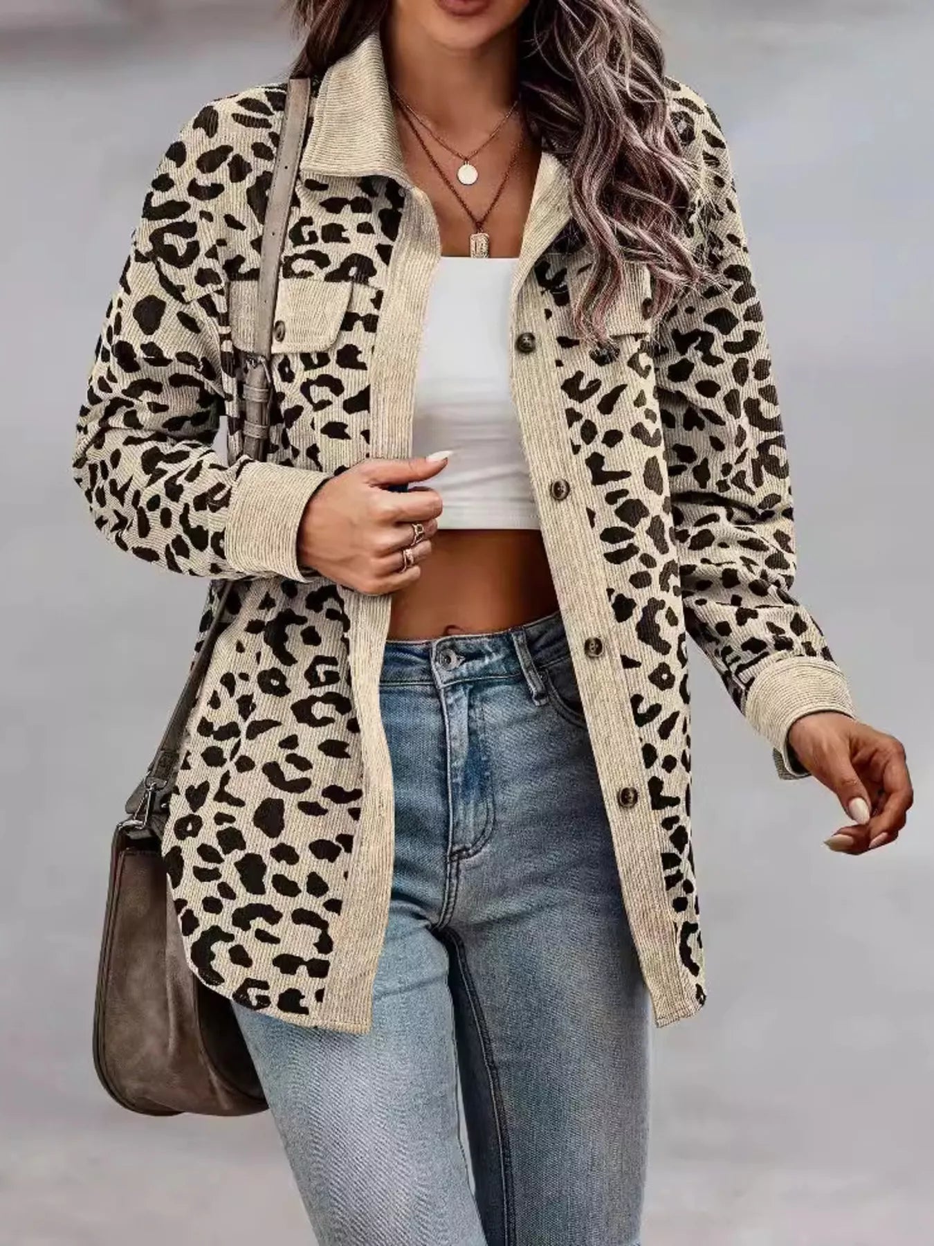 Full Size Leopard Print Button - Down Jacket Plus Size - Rochelle's House LLC