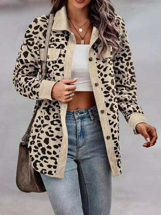 Full Size Leopard Print Button - Down Jacket Plus Size - Rochelle's House LLC