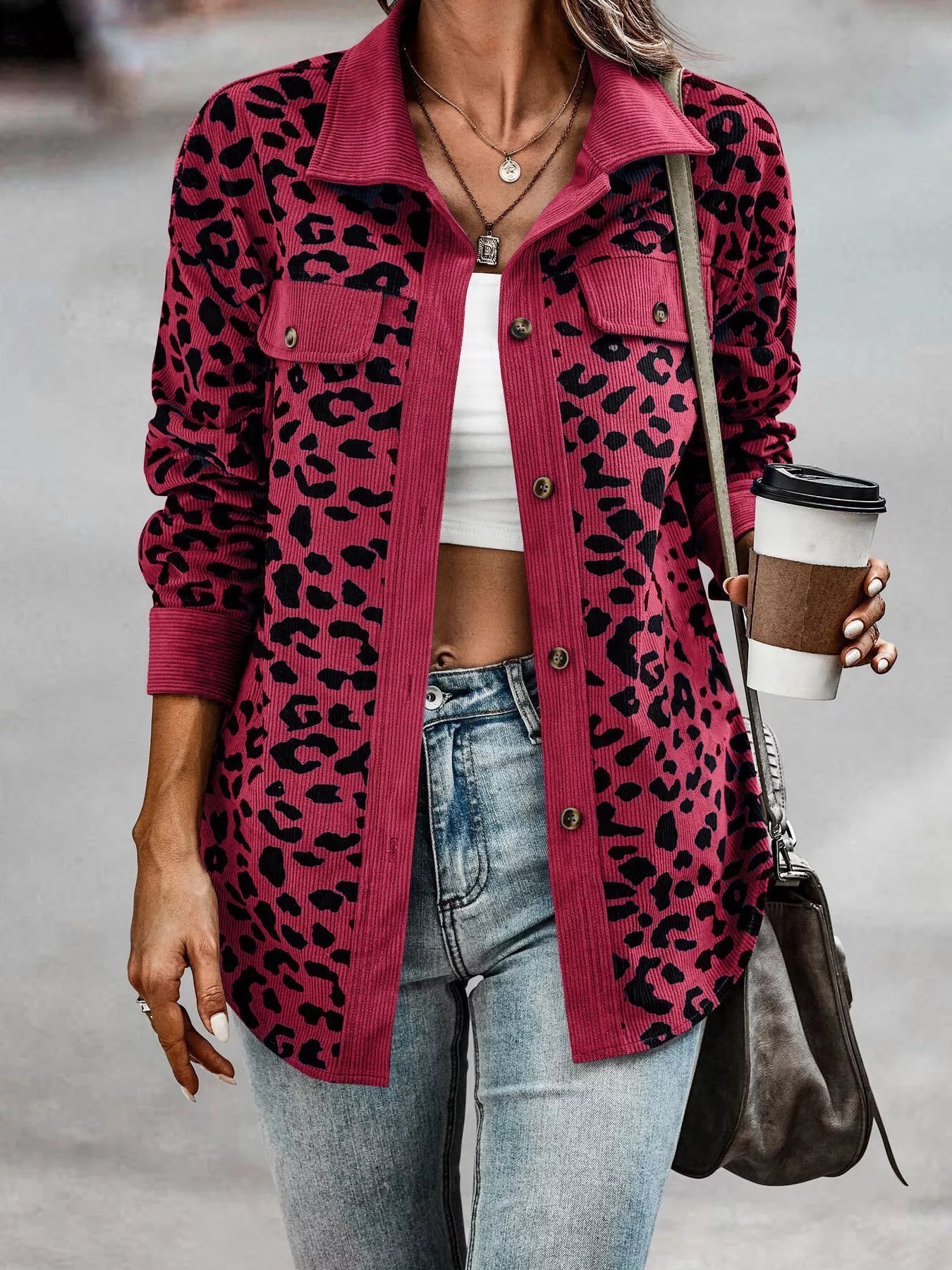 Full Size Leopard Print Button - Down Jacket Plus Size - Rochelle's House LLC
