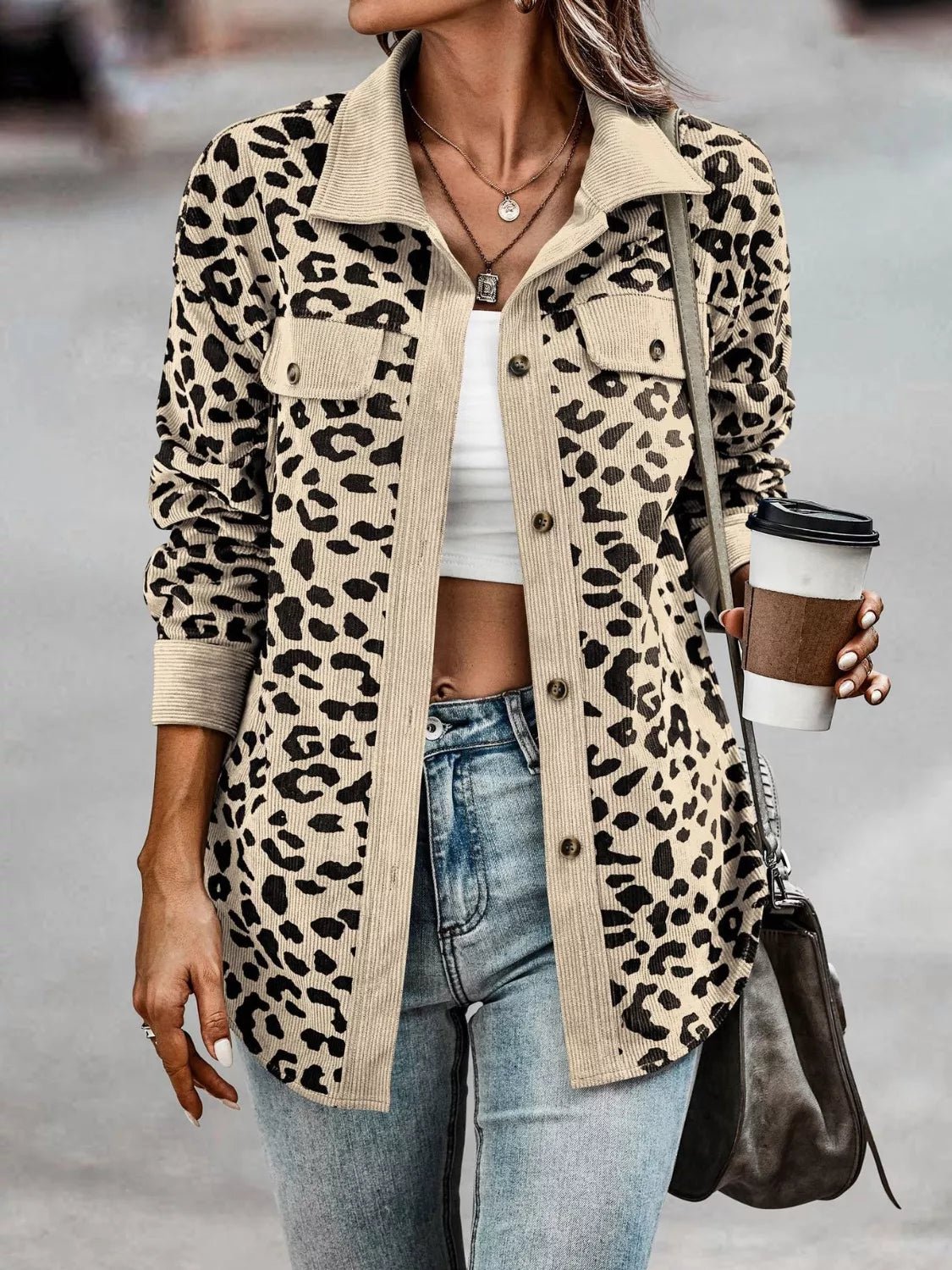 Full Size Leopard Print Button - Down Jacket Plus Size - Rochelle's House LLC