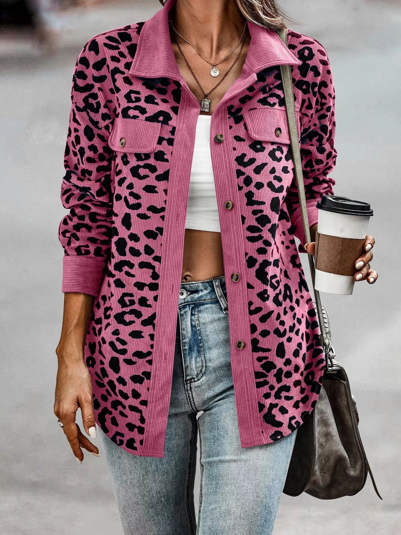 Full Size Leopard Print Button - Down Jacket Plus Size - Rochelle's House LLC