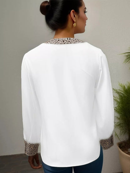 Full Size Leopard Trim Lantern Sleeve Blouse Plus Size - Rochelle's House LLC