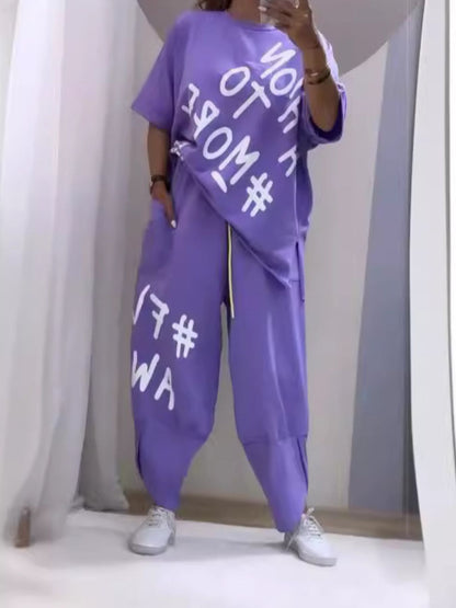 Full Size Letter Round Neck Tee and Drawstring Pants Set Plus Size - Rochelle's House LLC