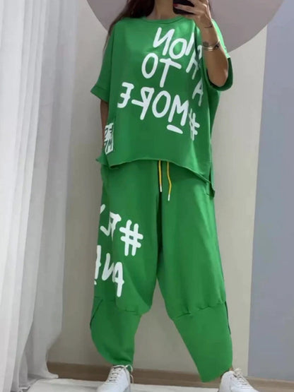 Full Size Letter Round Neck Tee and Drawstring Pants Set Plus Size - Rochelle's House LLC