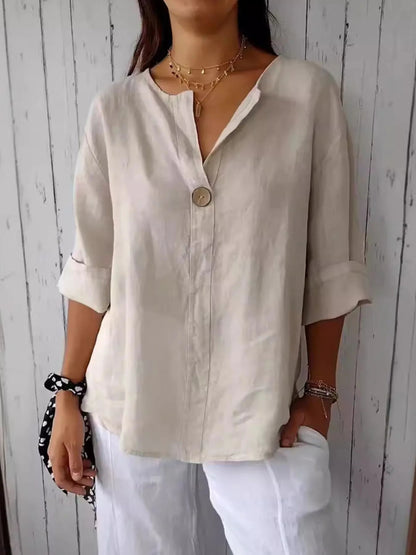 Front view of Full Size Linen Blend Notched Blouse Plus Size in Apricot showing neckline and sleeve details (100% polyester)
