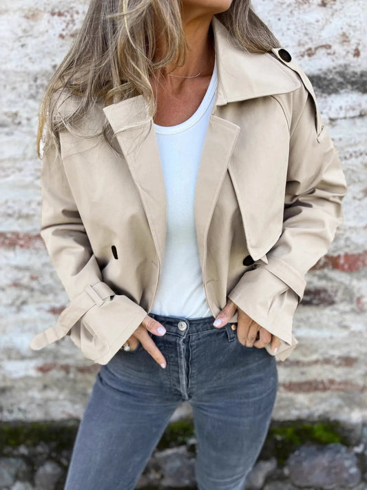 Front view of Full Size Long Sleeve Button Up Trench Coat Plus Size in Khaki showing neckline and sleeve details