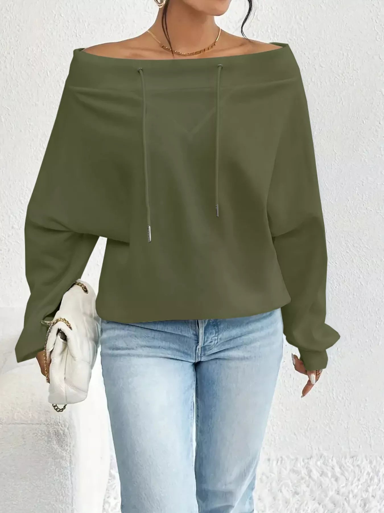Full Size Off - Shoulder Drawstring Long Sleeve Top Plus Size - Rochelle's House LLC