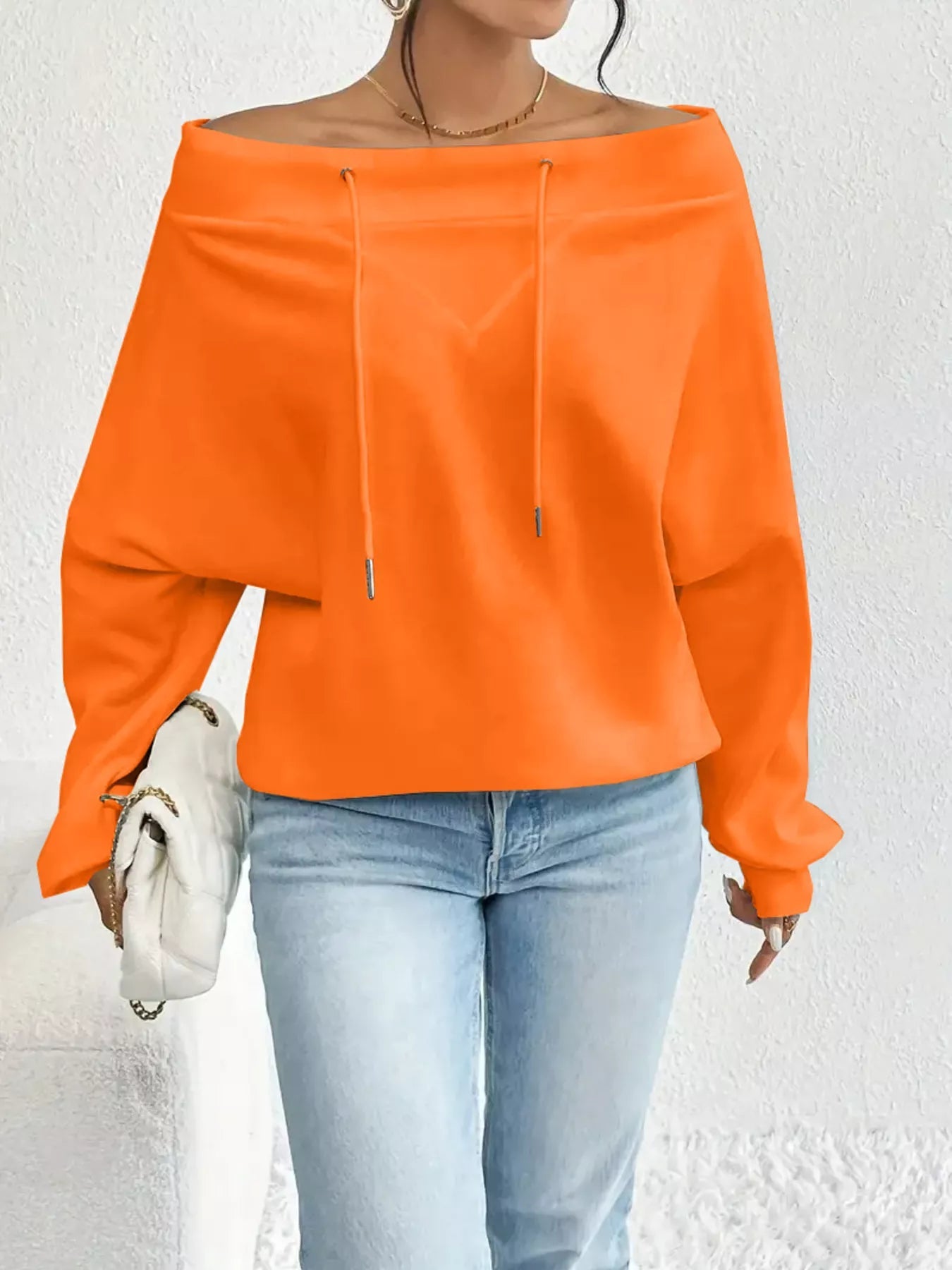 Full Size Off - Shoulder Drawstring Long Sleeve Top Plus Size - Rochelle's House LLC