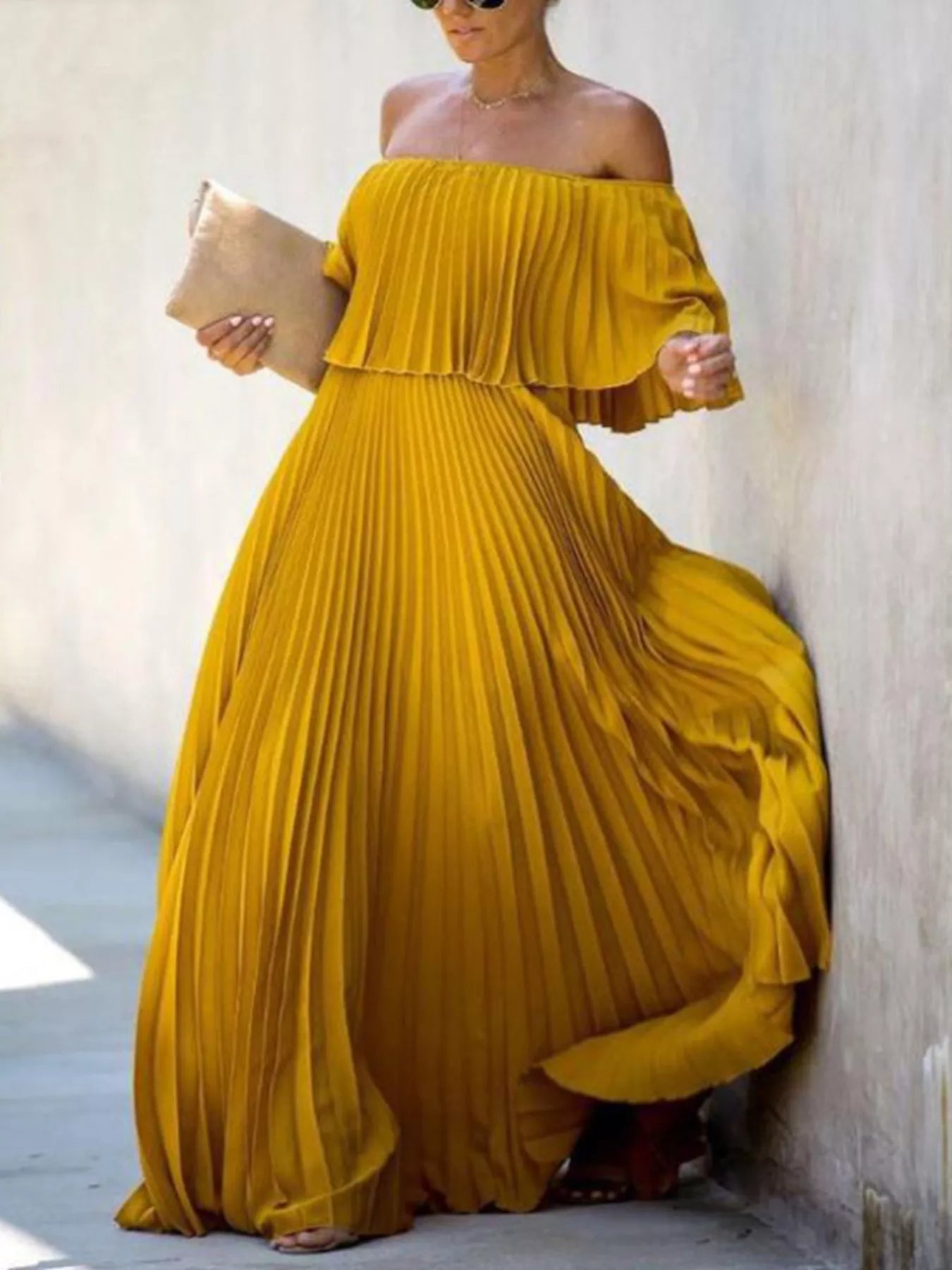 Full Size Off - Shoulder Pleated Maxi Dress Plus Size - Rochelle's House LLC