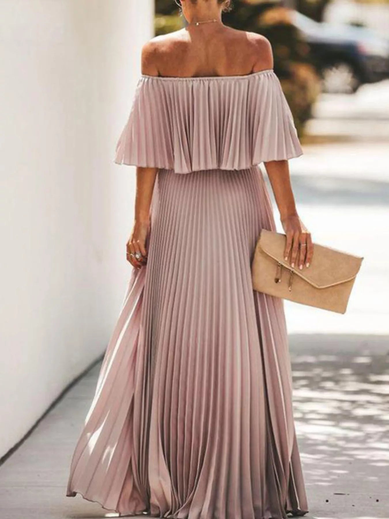 Full Size Off - Shoulder Pleated Maxi Dress Plus Size - Rochelle's House LLC