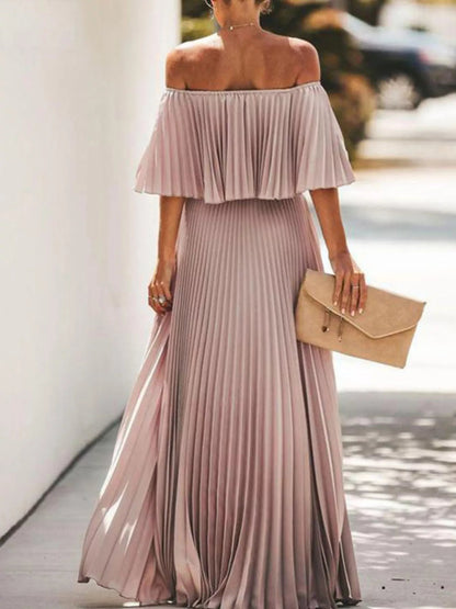 Full Size Off - Shoulder Pleated Maxi Dress Plus Size - Rochelle's House LLC