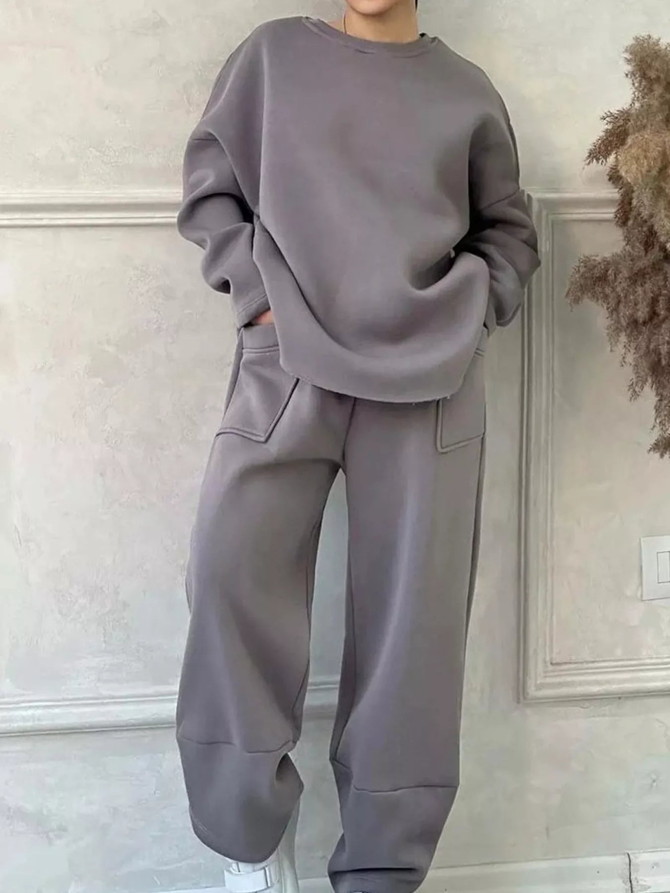 Full Size Oversized Round Neck Top and Pants Set Plus Size - Rochelle's House LLC