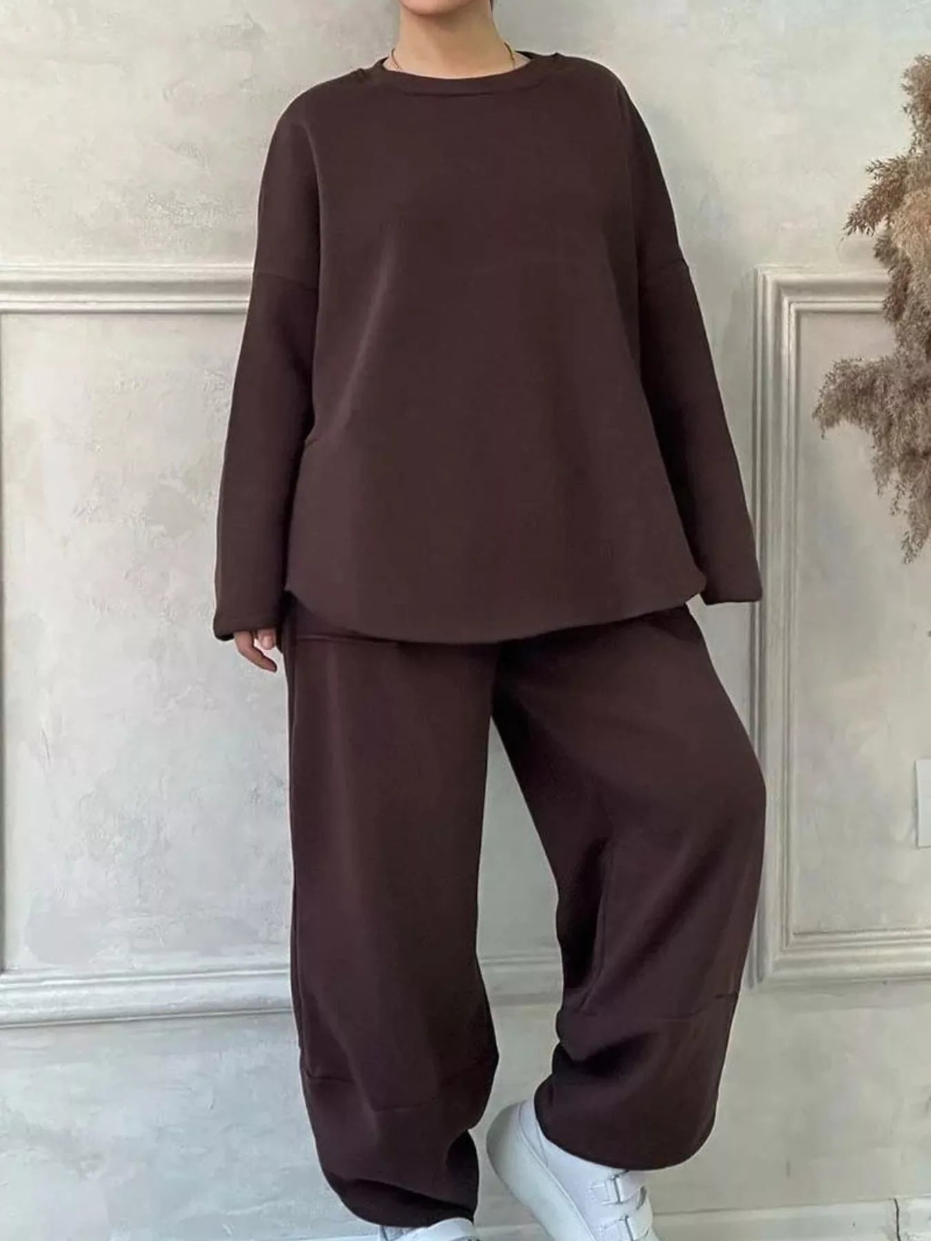 Full Size Oversized Round Neck Top and Pants Set Plus Size - Rochelle's House LLC