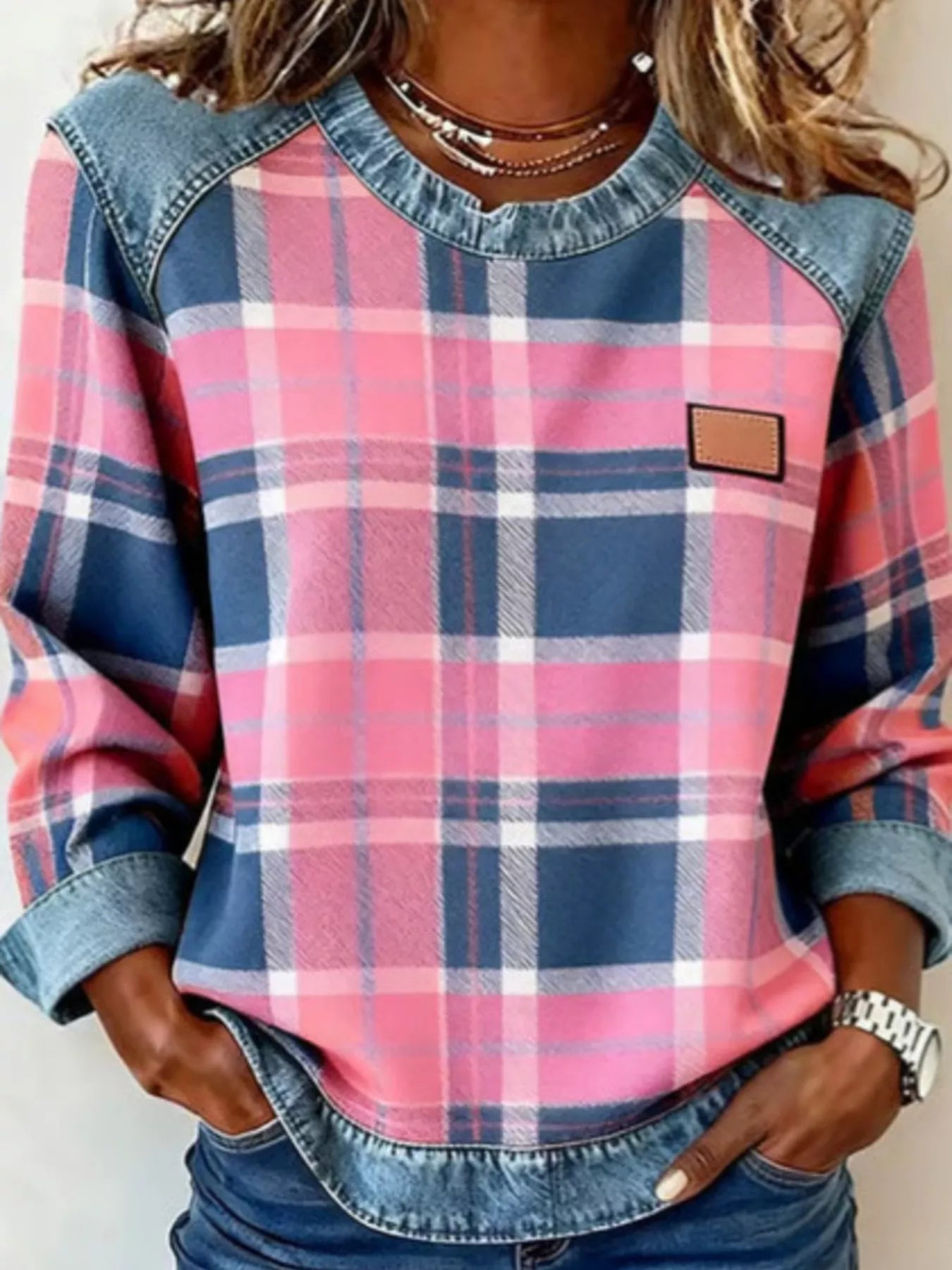 Full Size Plaid Denim Trim Long Sleeve Sweatshirt Plus Size - Rochelle's House LLC