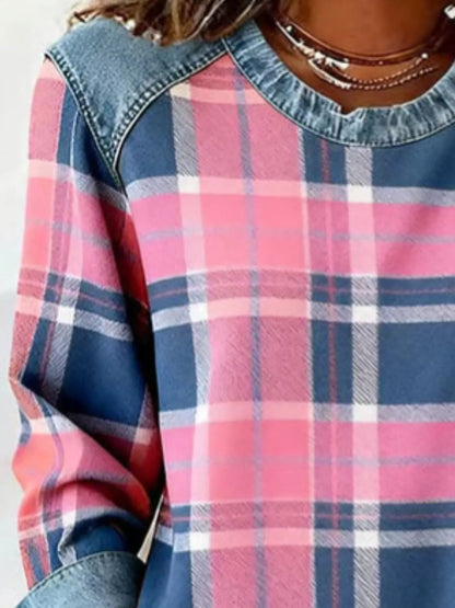 Full Size Plaid Denim Trim Long Sleeve Sweatshirt Plus Size - Rochelle's House LLC