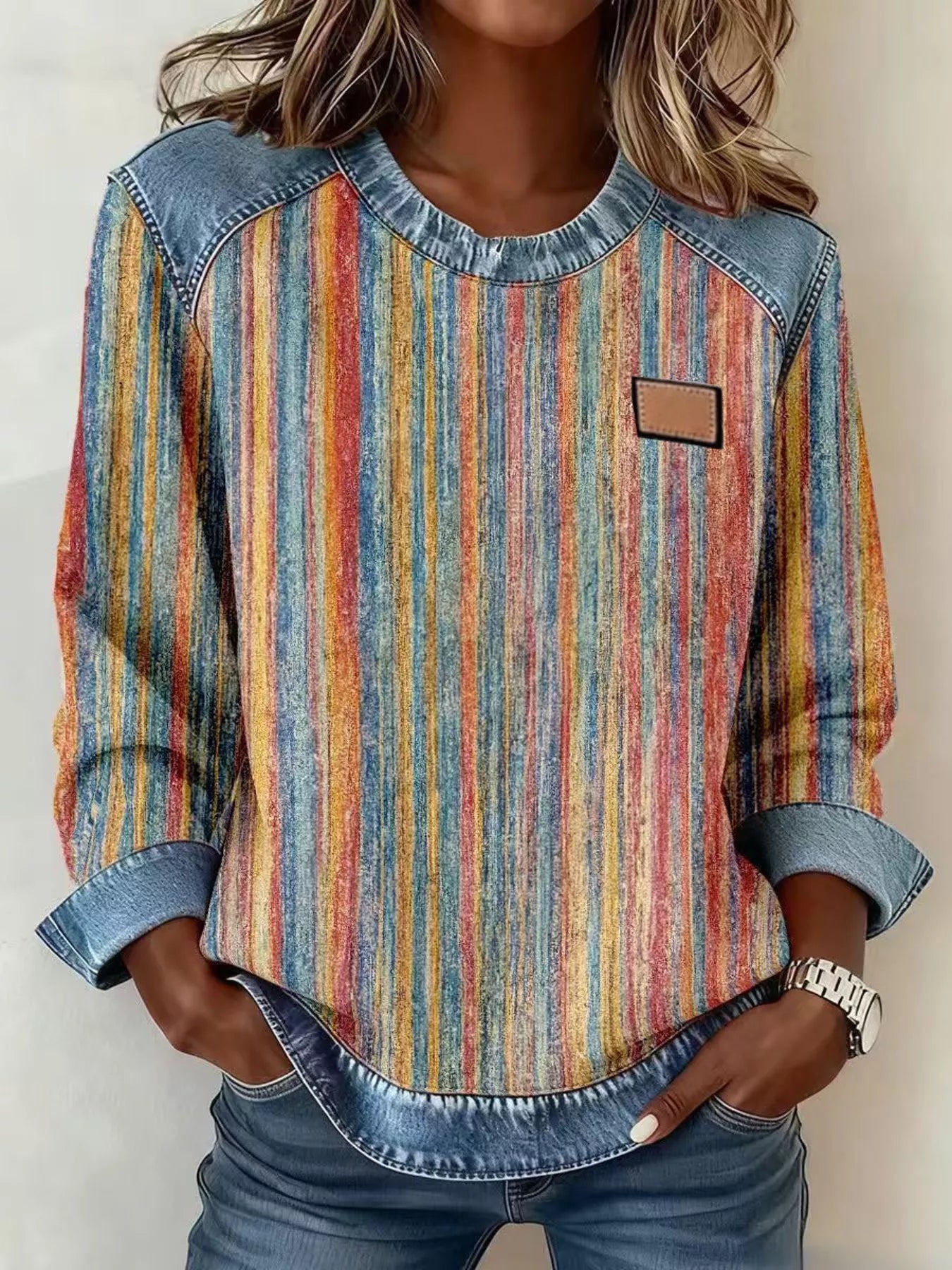 Full Size Plaid Denim Trim Long Sleeve Sweatshirt Plus Size - Rochelle's House LLC