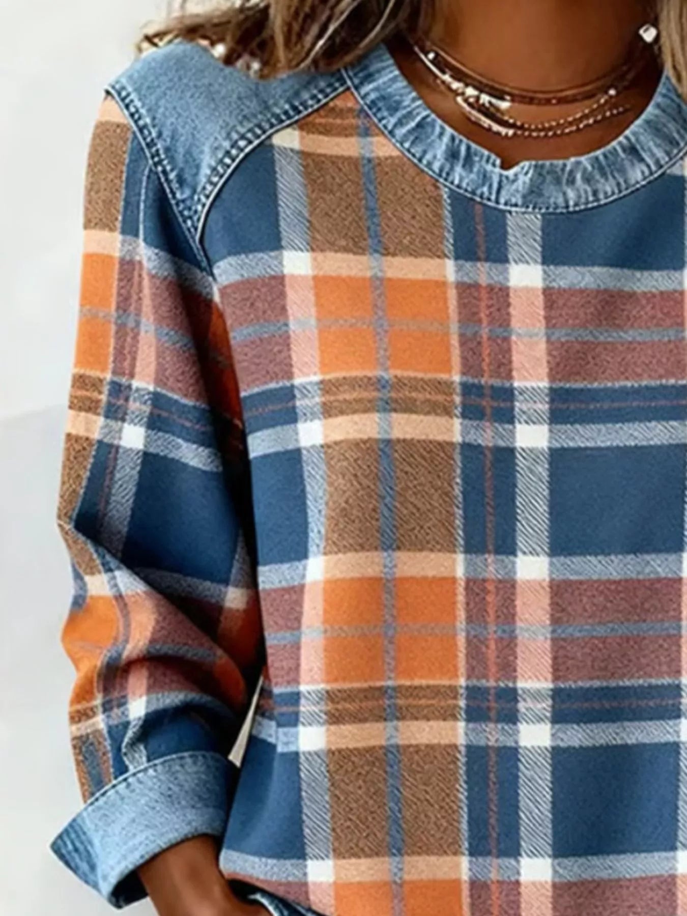 Full Size Plaid Denim Trim Long Sleeve Sweatshirt Plus Size - Rochelle's House LLC