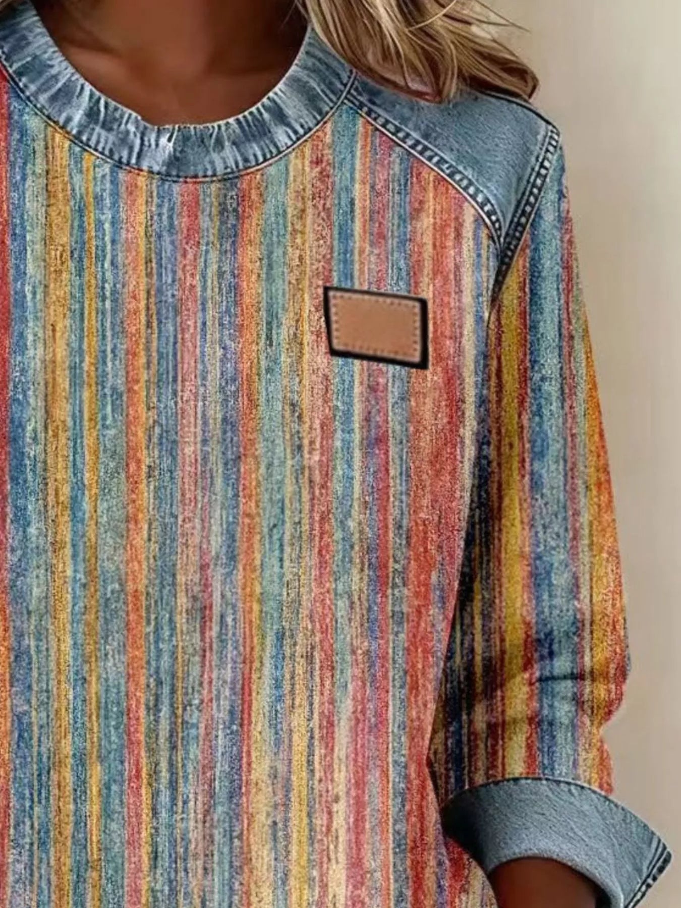 Full Size Plaid Denim Trim Long Sleeve Sweatshirt Plus Size - Rochelle's House LLC