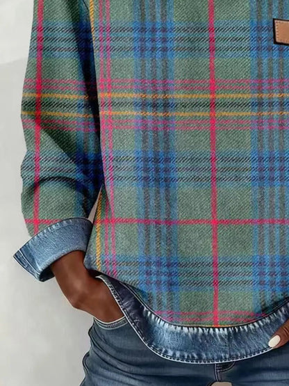 Full Size Plaid Denim Trim Long Sleeve Sweatshirt Plus Size - Rochelle's House LLC