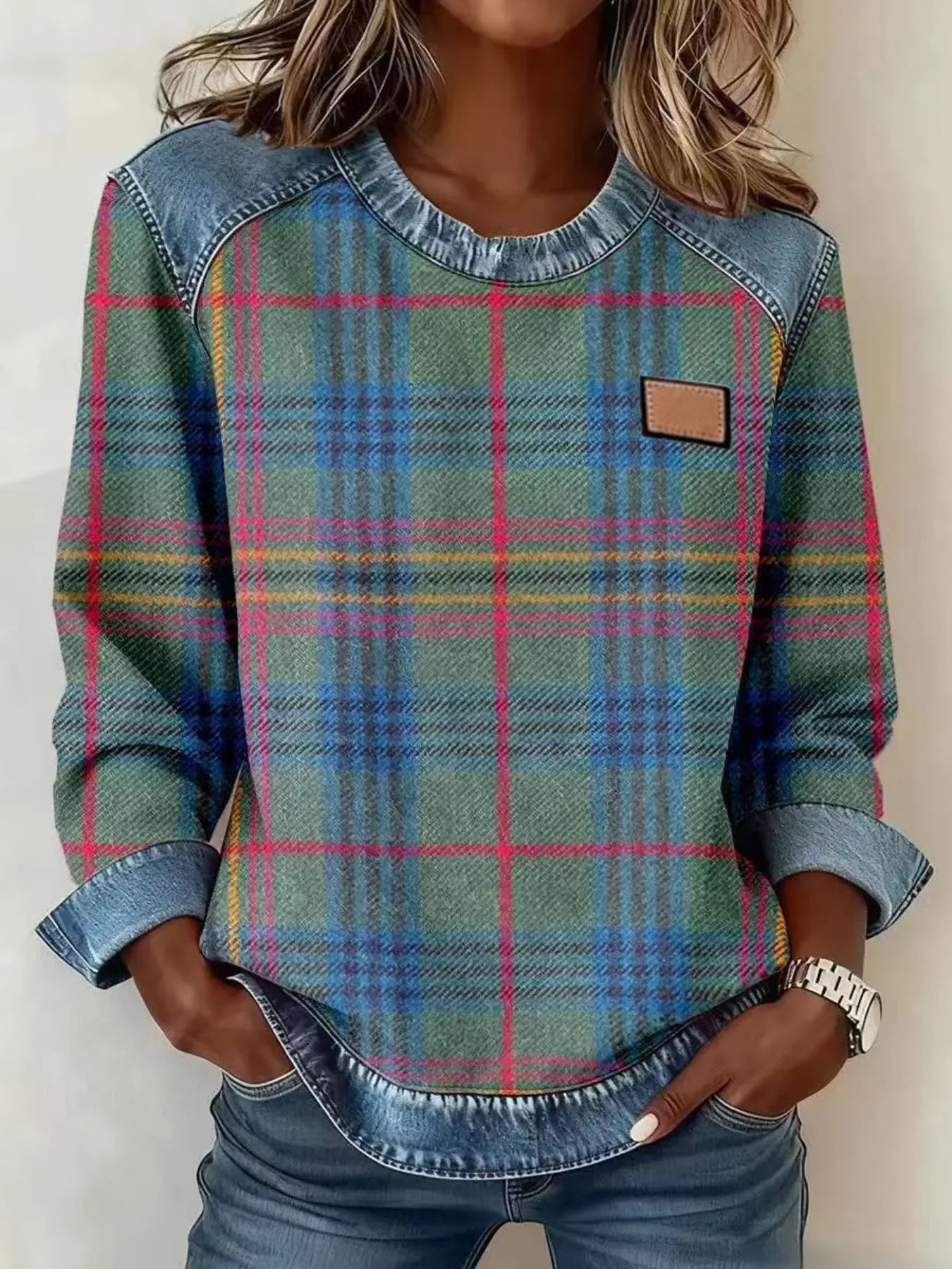 Full Size Plaid Denim Trim Long Sleeve Sweatshirt Plus Size - Rochelle's House LLC