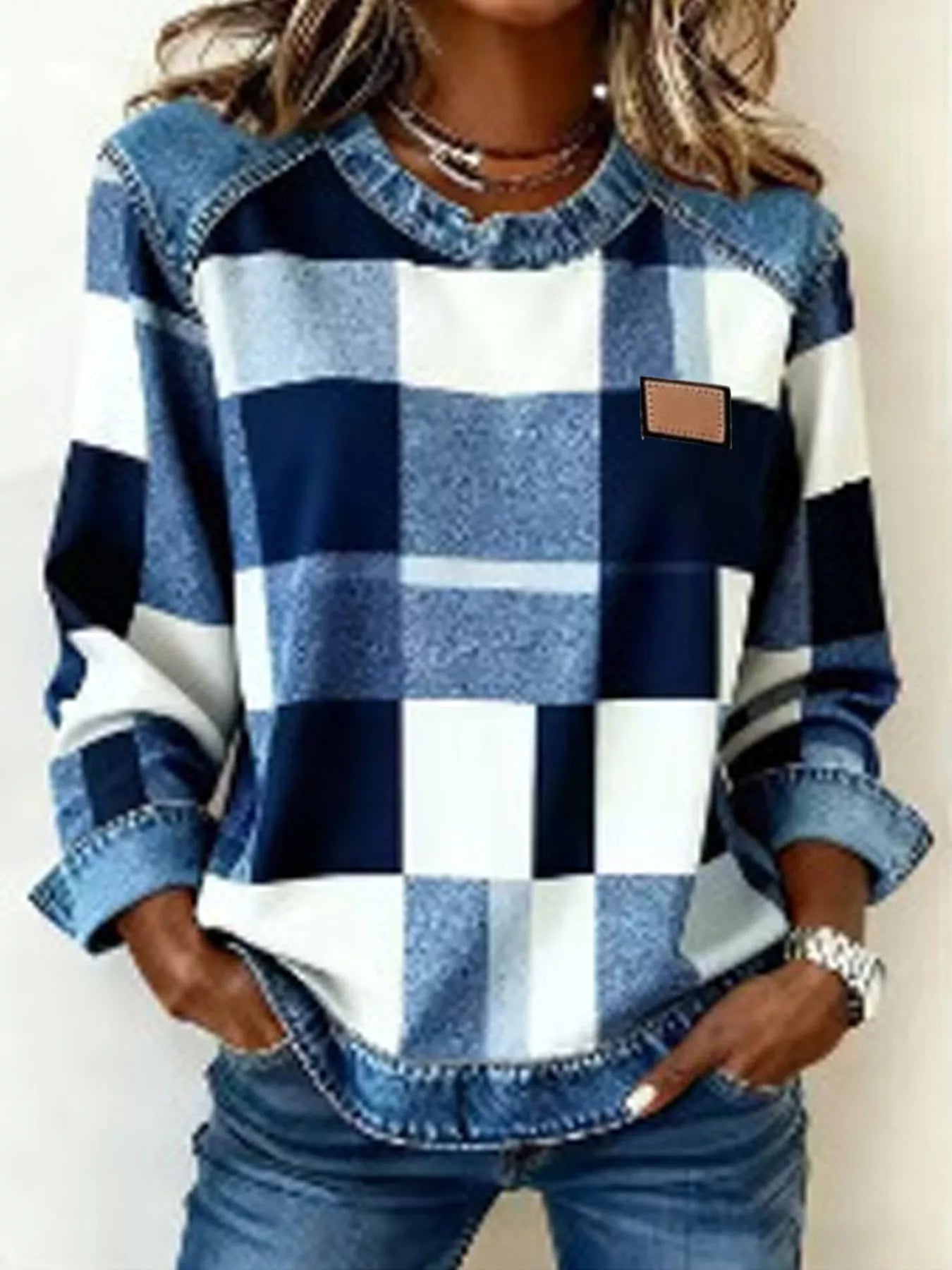 Full Size Plaid Denim Trim Long Sleeve Sweatshirt Plus Size - Rochelle's House LLC