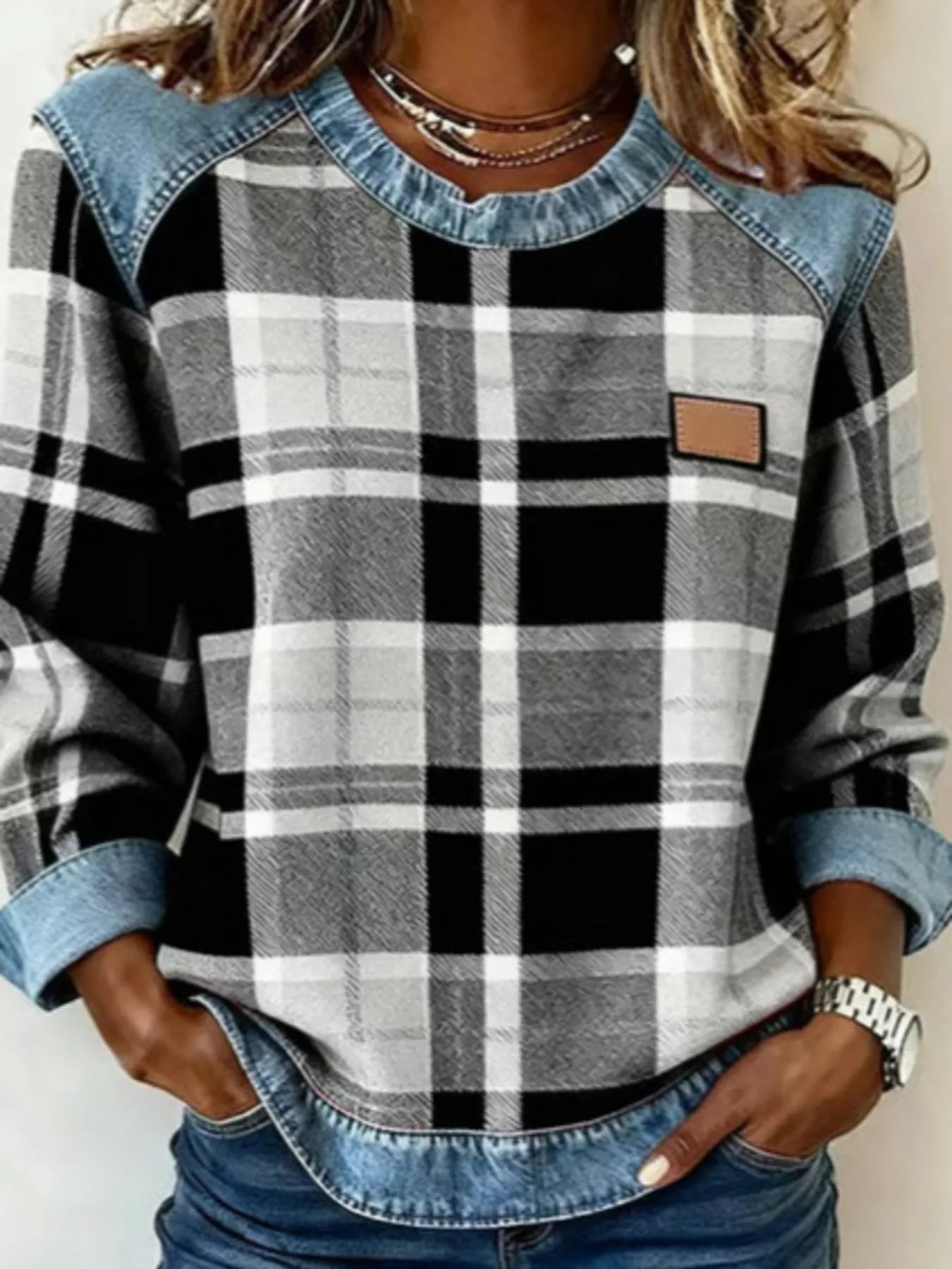 Full Size Plaid Denim Trim Long Sleeve Sweatshirt Plus Size - Rochelle's House LLC