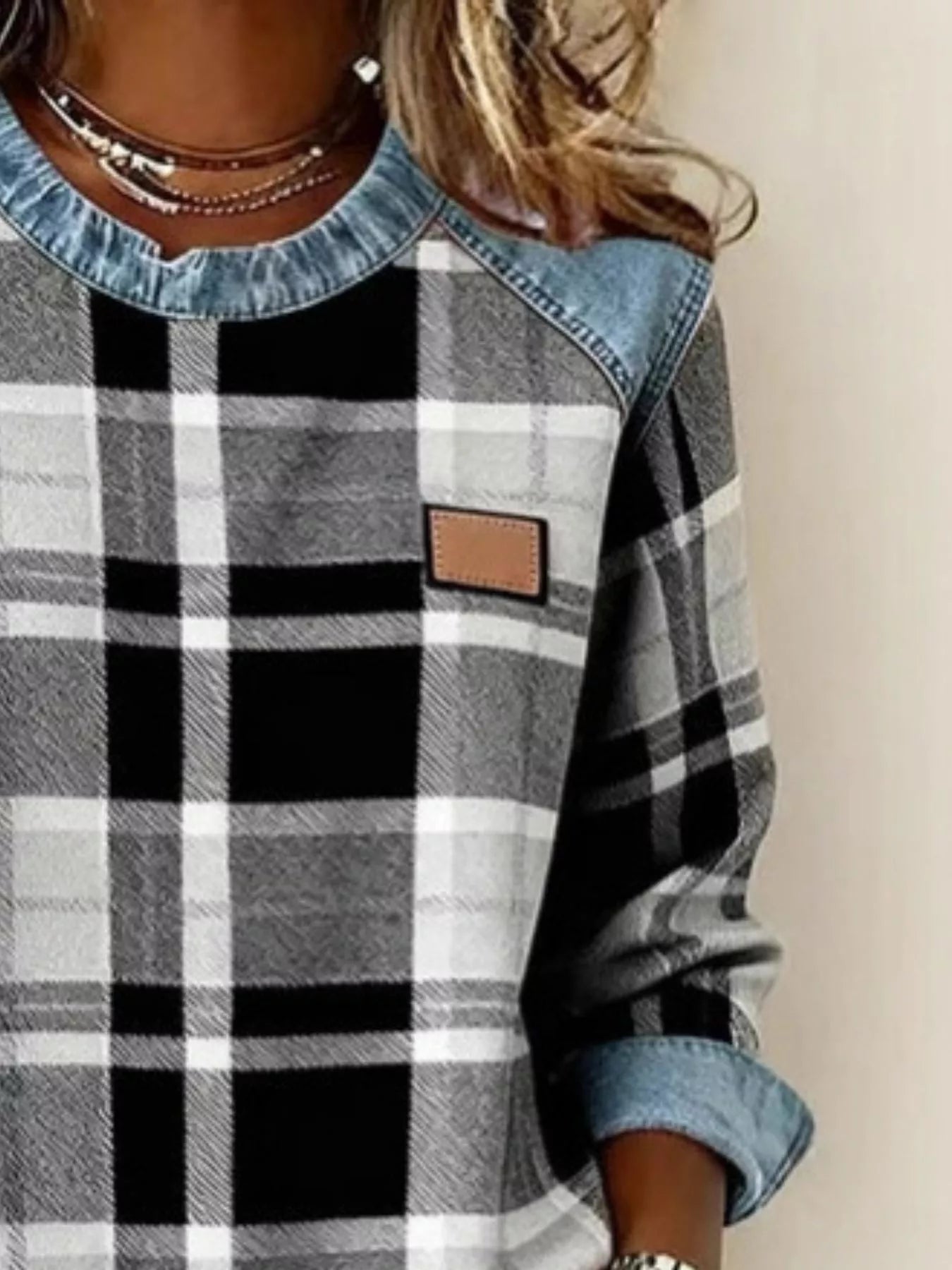 Full Size Plaid Denim Trim Long Sleeve Sweatshirt Plus Size - Rochelle's House LLC