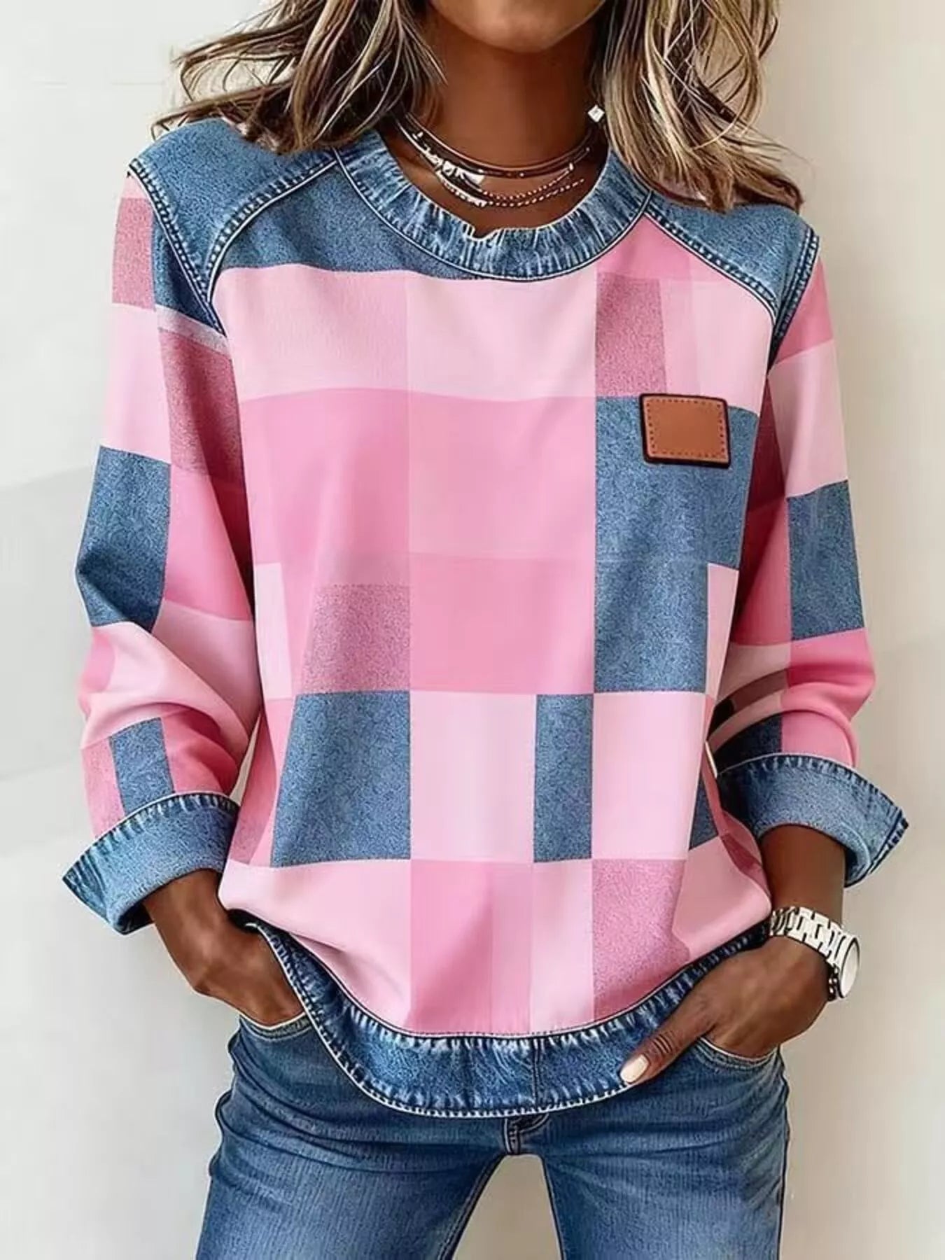 Full Size Plaid Denim Trim Long Sleeve Sweatshirt Plus Size - Rochelle's House LLC