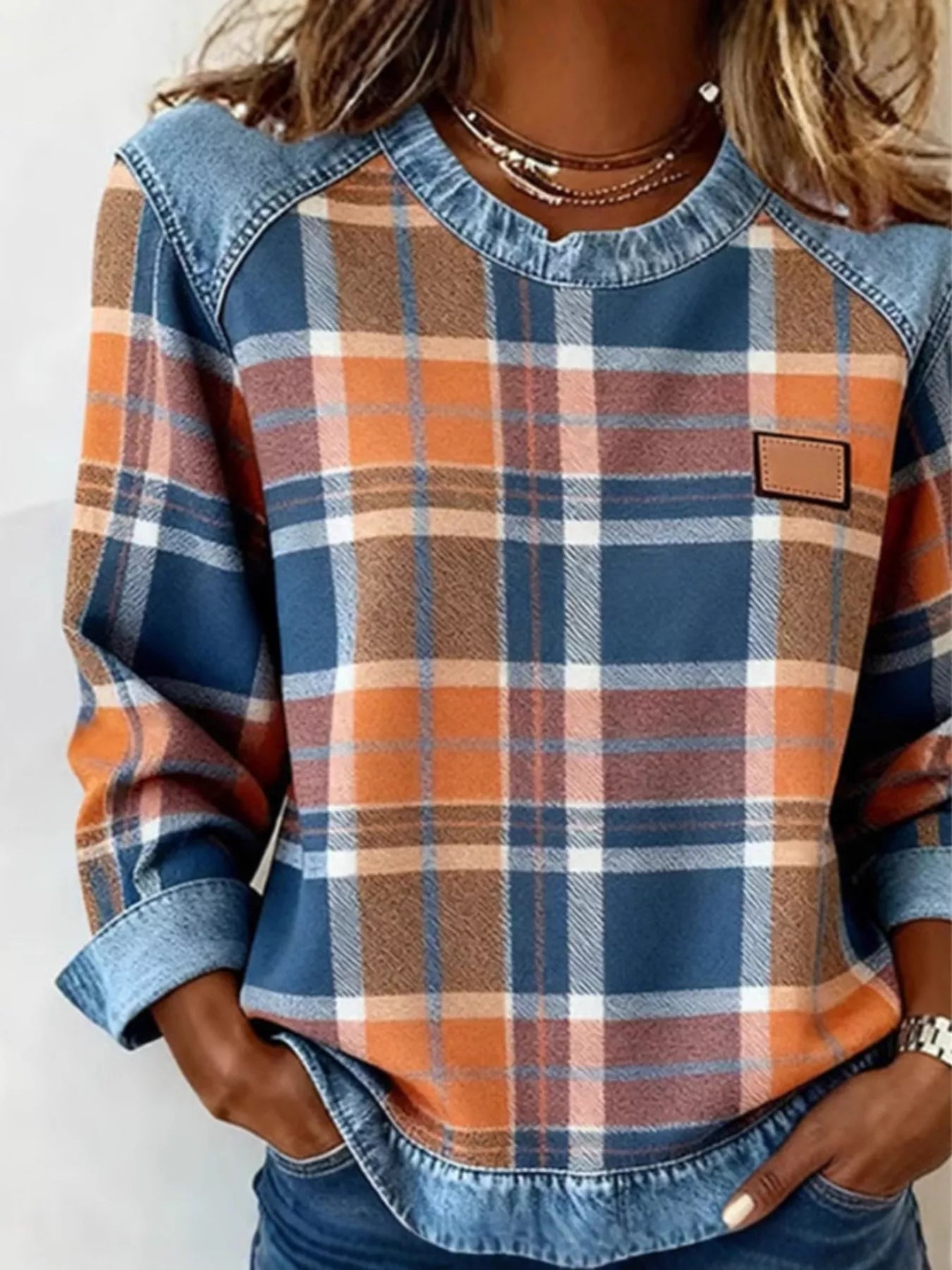 Full Size Plaid Denim Trim Long Sleeve Sweatshirt Plus Size - Rochelle's House LLC
