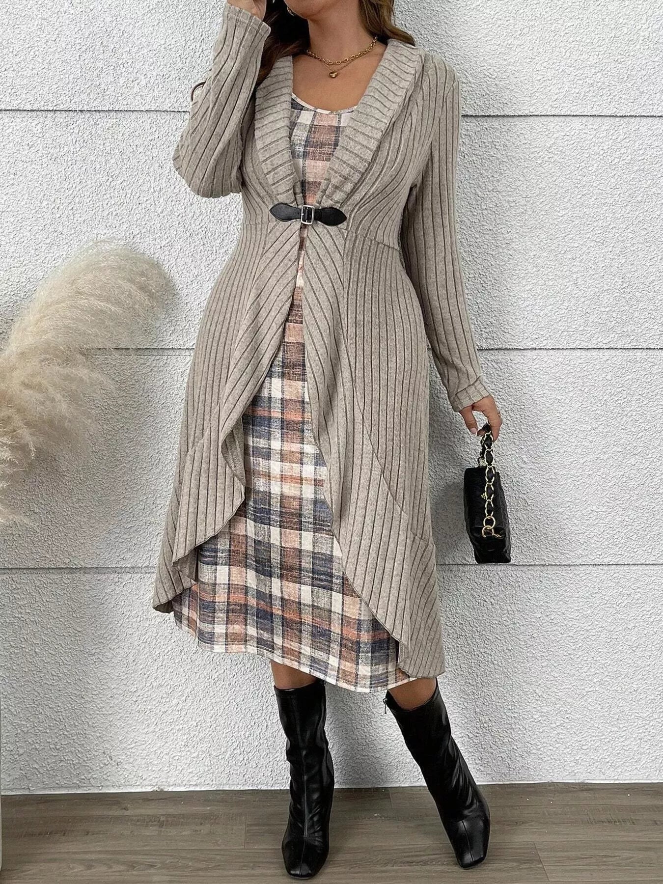 Full Size Plaid Dress & Ribbed Knit Cardigan Set Plus Size - Rochelle's House LLC