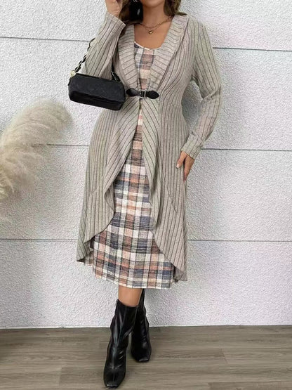 Full Size Plaid Dress & Ribbed Knit Cardigan Set Plus Size - Rochelle's House LLC