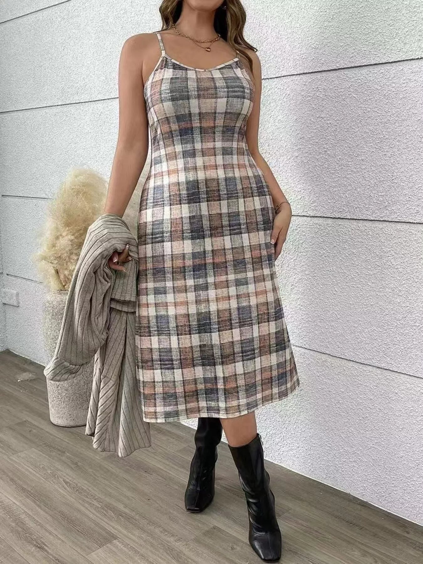 Full Size Plaid Dress & Ribbed Knit Cardigan Set Plus Size - Rochelle's House LLC